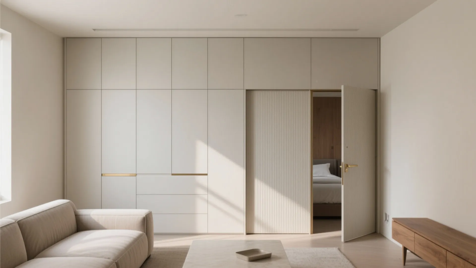 Modern cream living room featuring a large wall cabinet and open door leading to bedroom