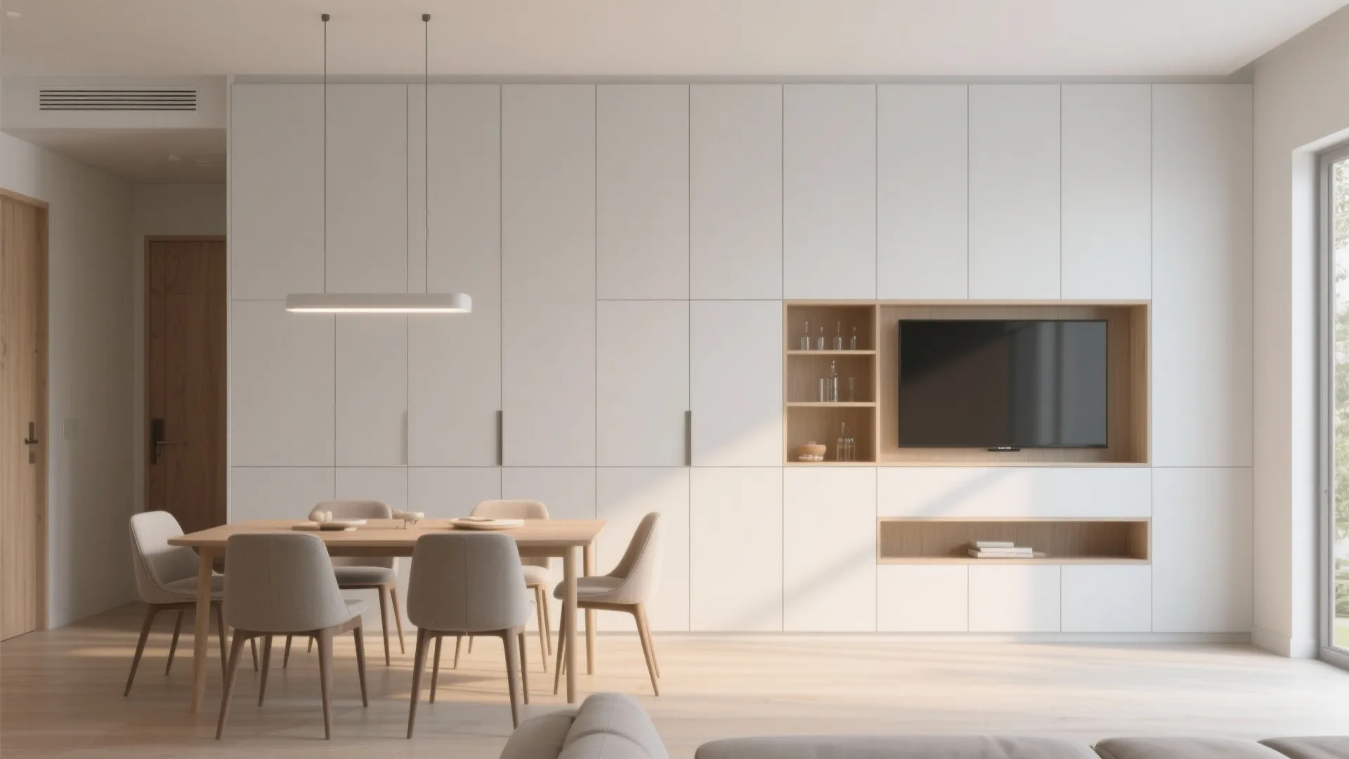 Minimalist storage wall for a calm living–dining