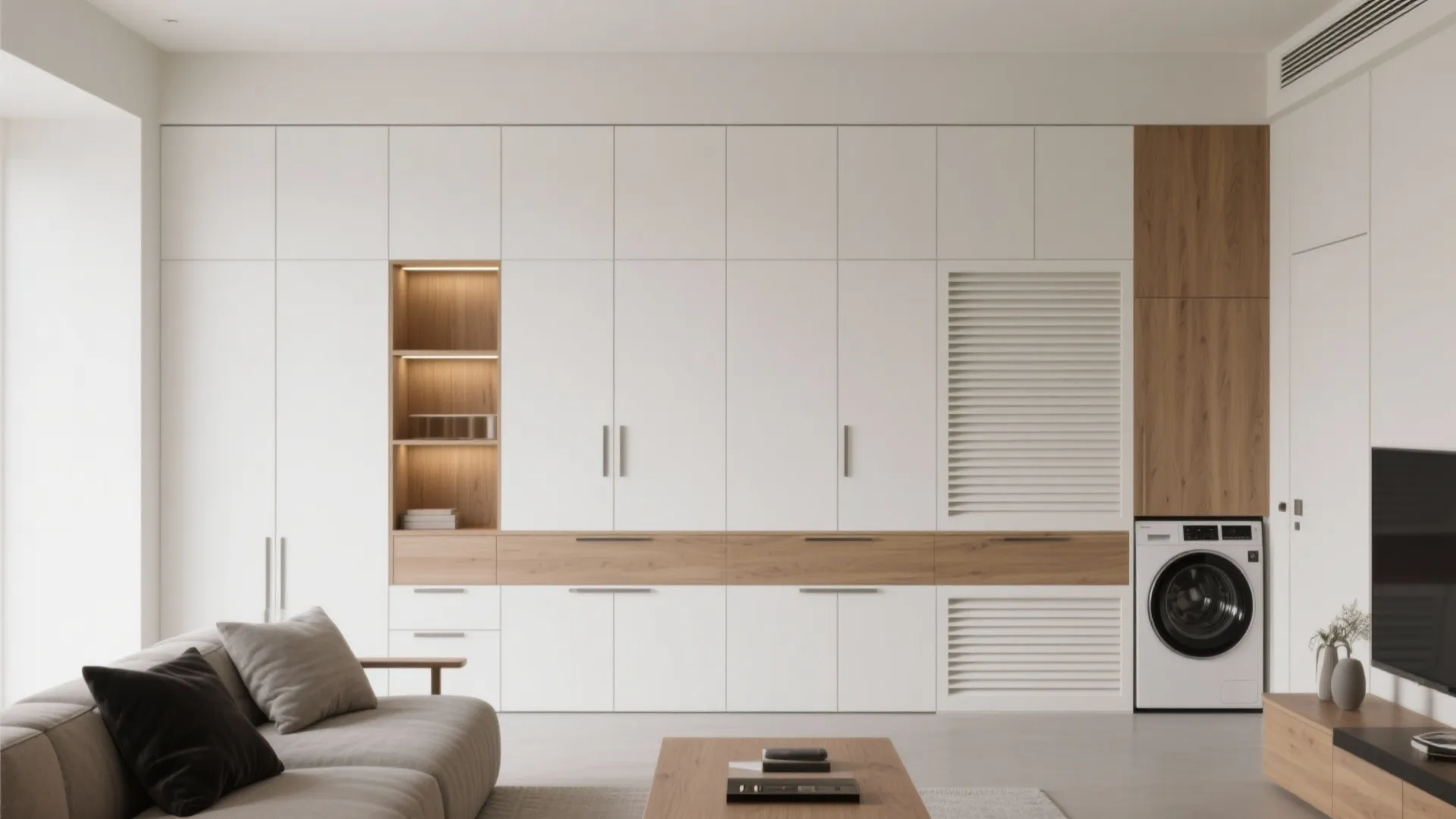 Minimalist storage wall for the living-dining