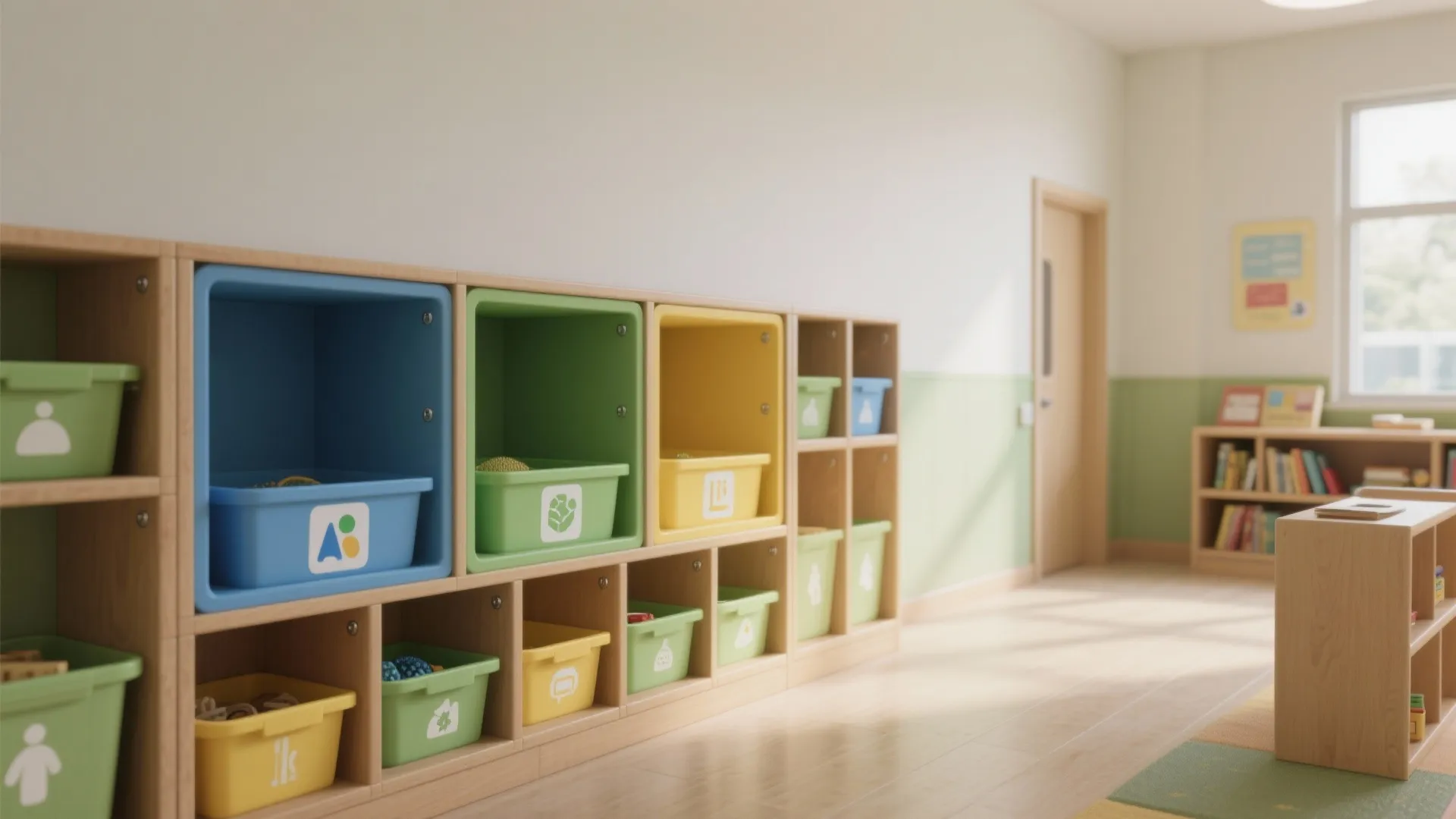 Wooden storage cabinet for kids with colorful plastic bins in blue green and yellow colors