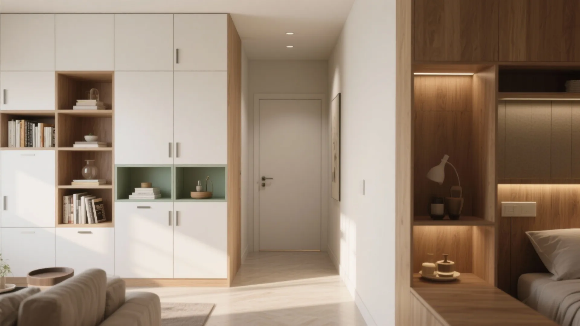 3) Storage walls, pocket doors, and a calm core