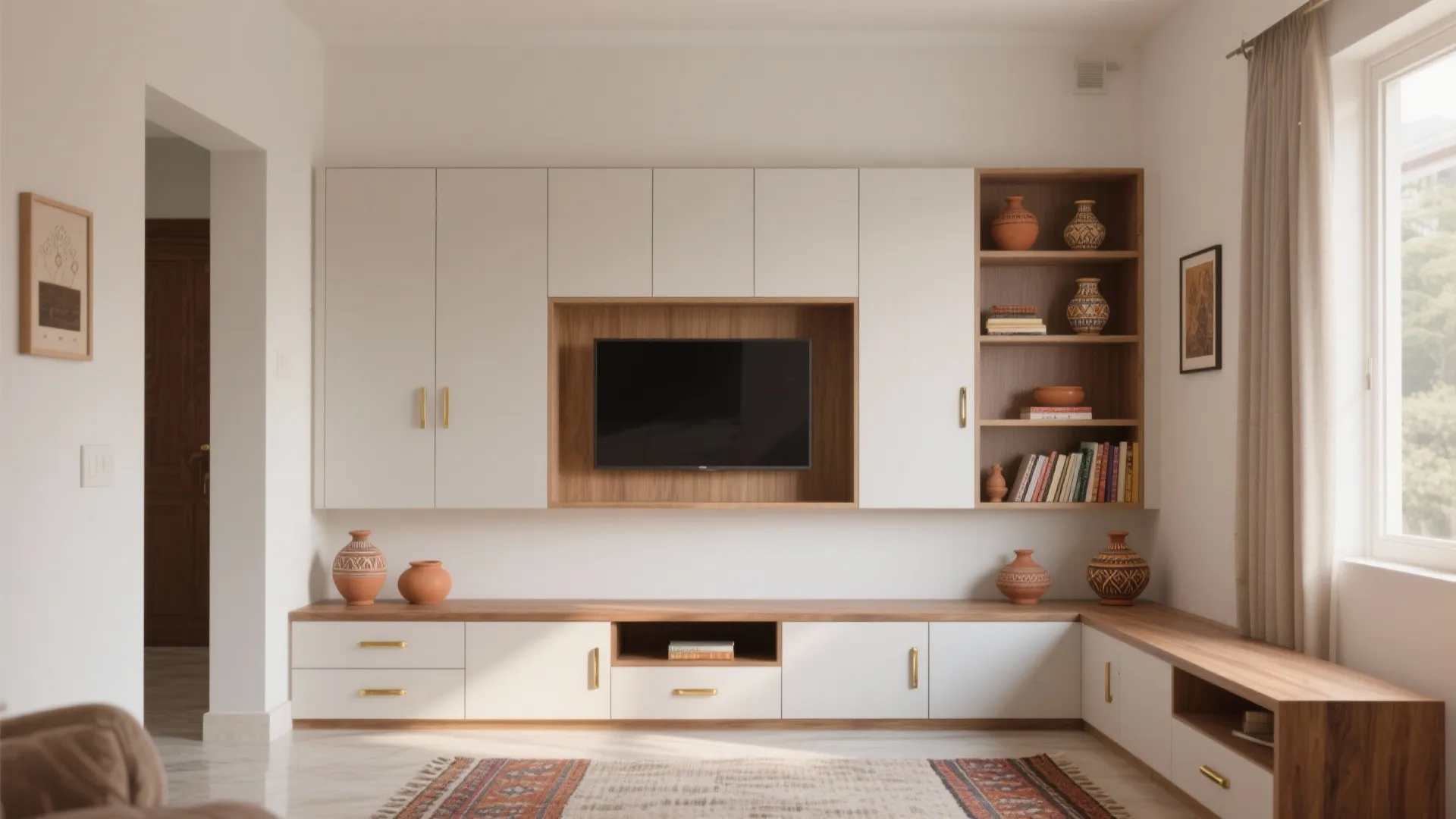 Minimalist storage wall for a clutter-free living room