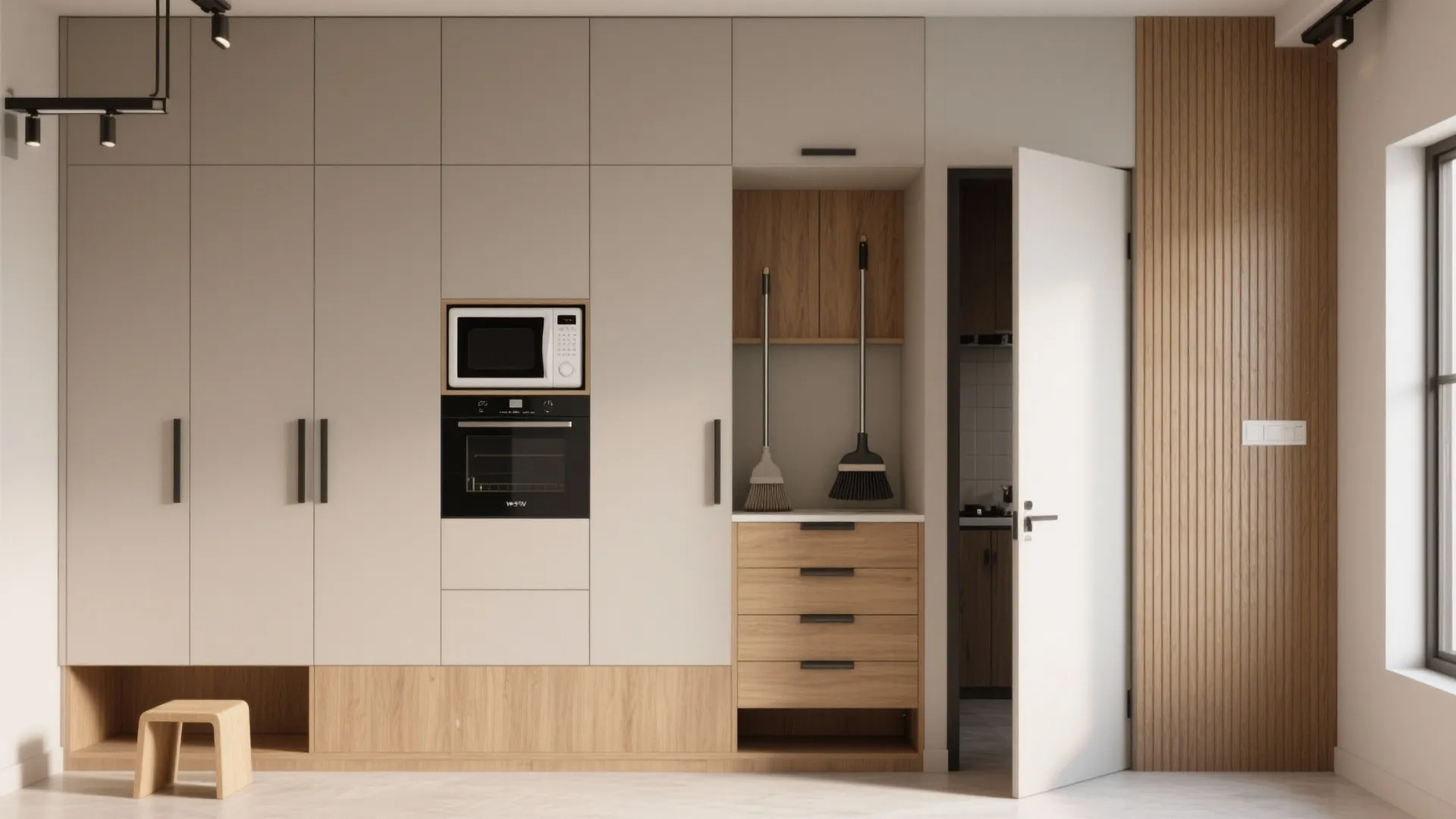 3) Minimalist storage wall with a pocket door