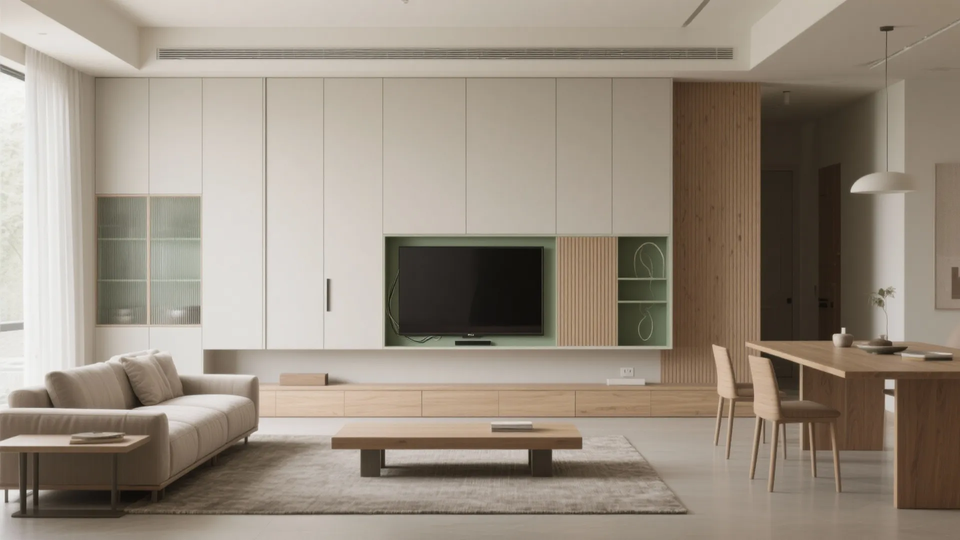 Minimalist storage wall for a calm living–dining