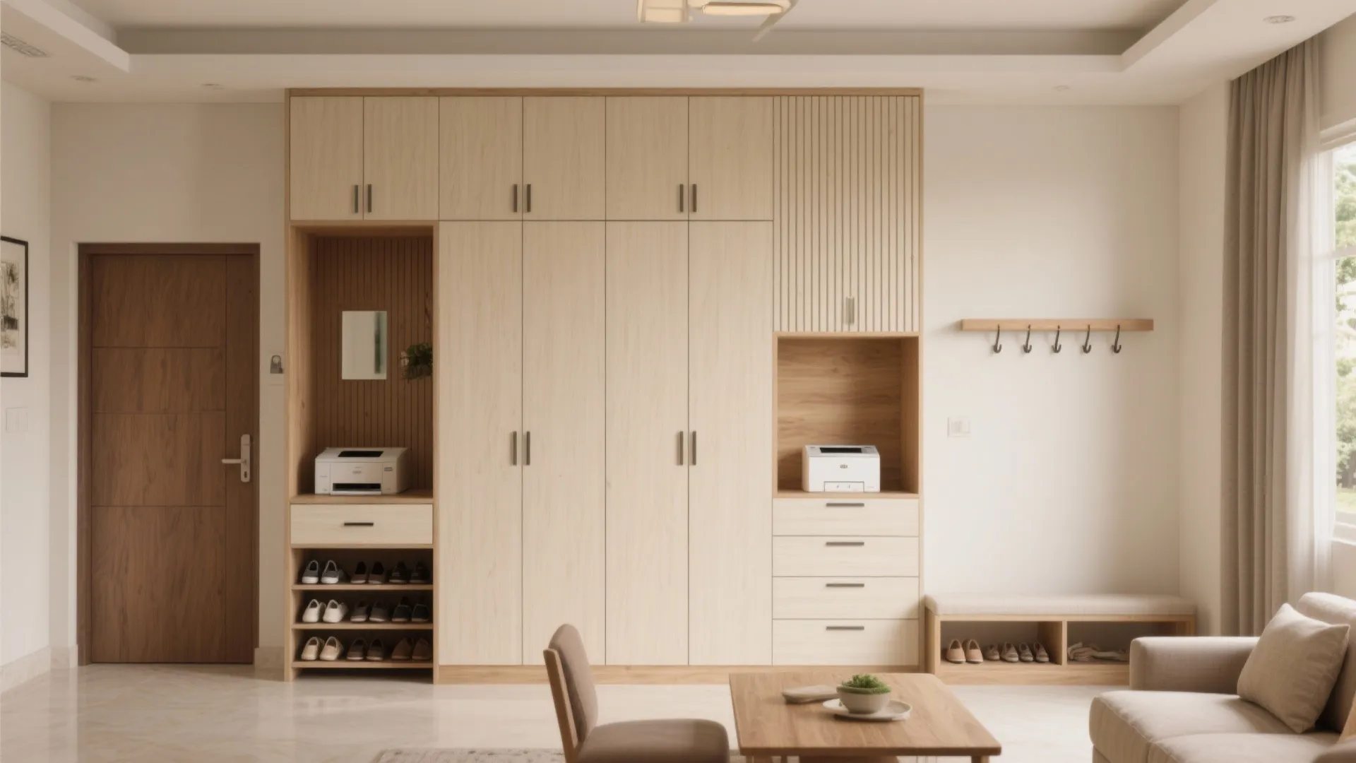 Light wood storage wall with built-in shoe rack printer shelf and cabinets in a living room
