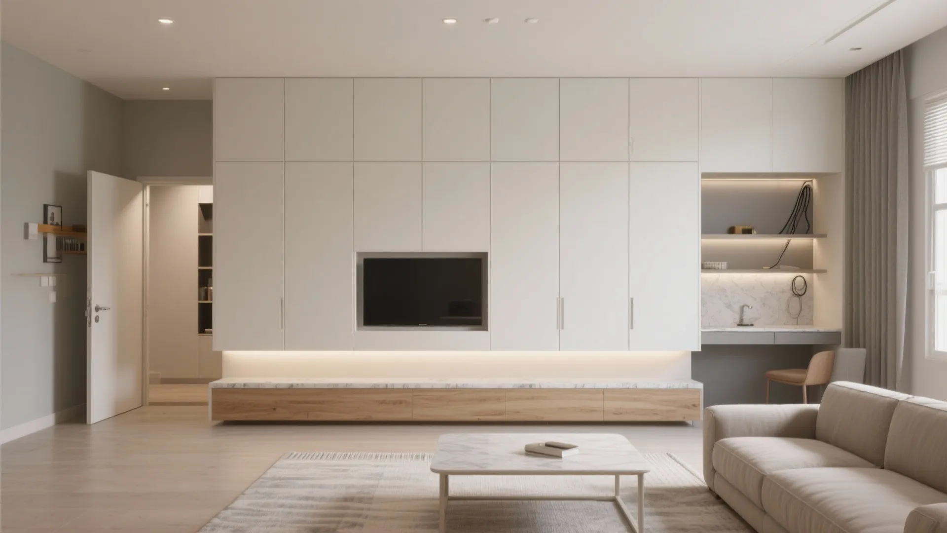 Minimalist storage wall in the living–dining