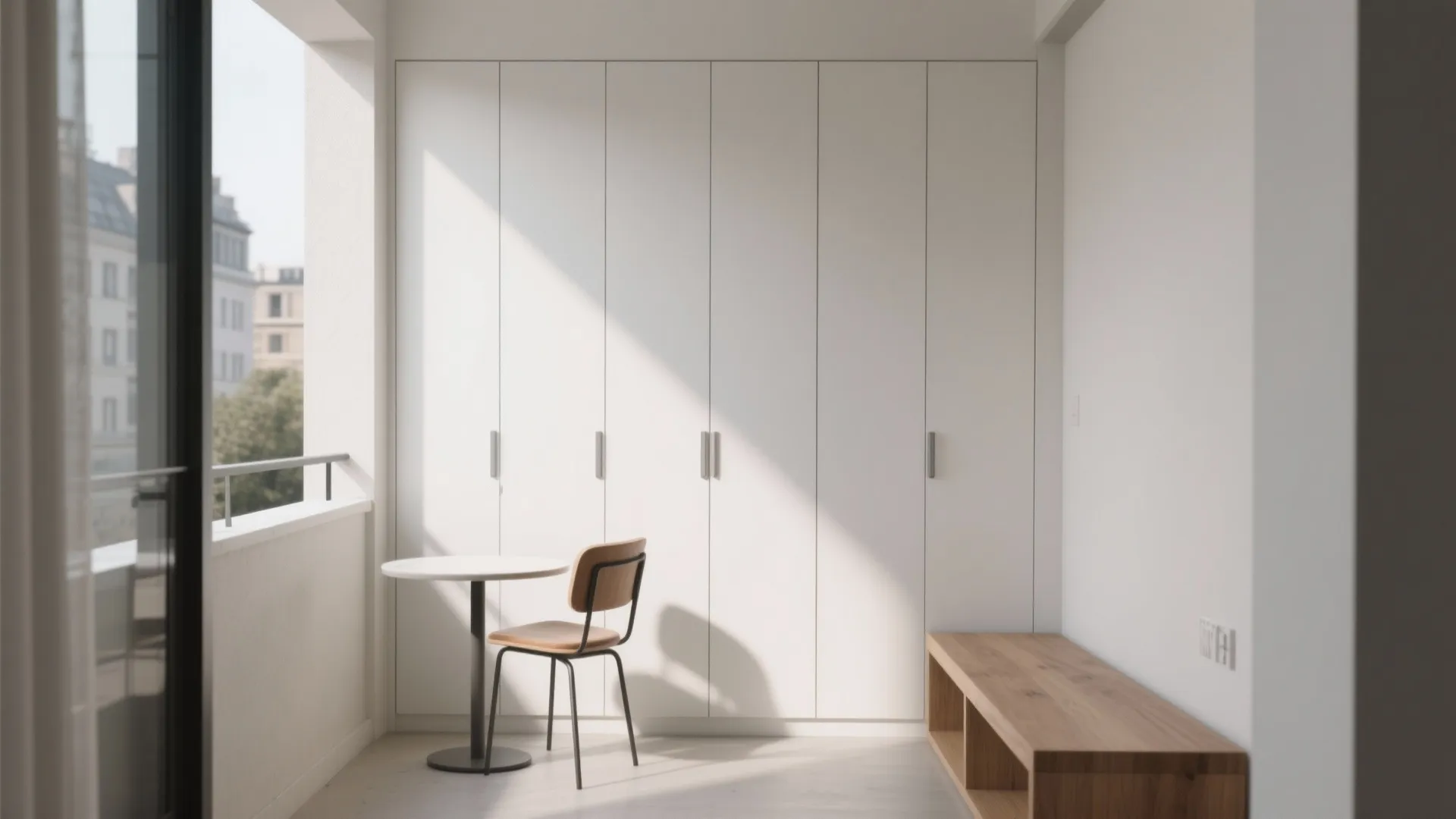 Minimalist white wall cabinet in a bright room with small round table, chair, and sunlight