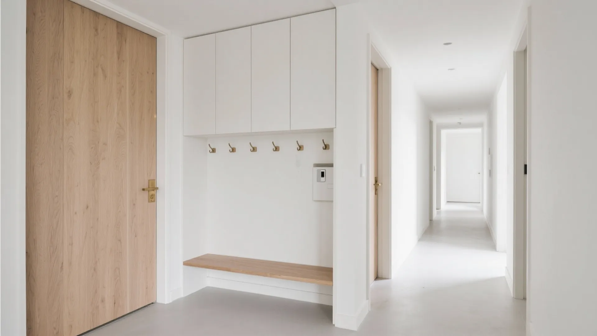 Modern entryway featuring white storage cabinets wooden bench gold coat hooks and a wooden door