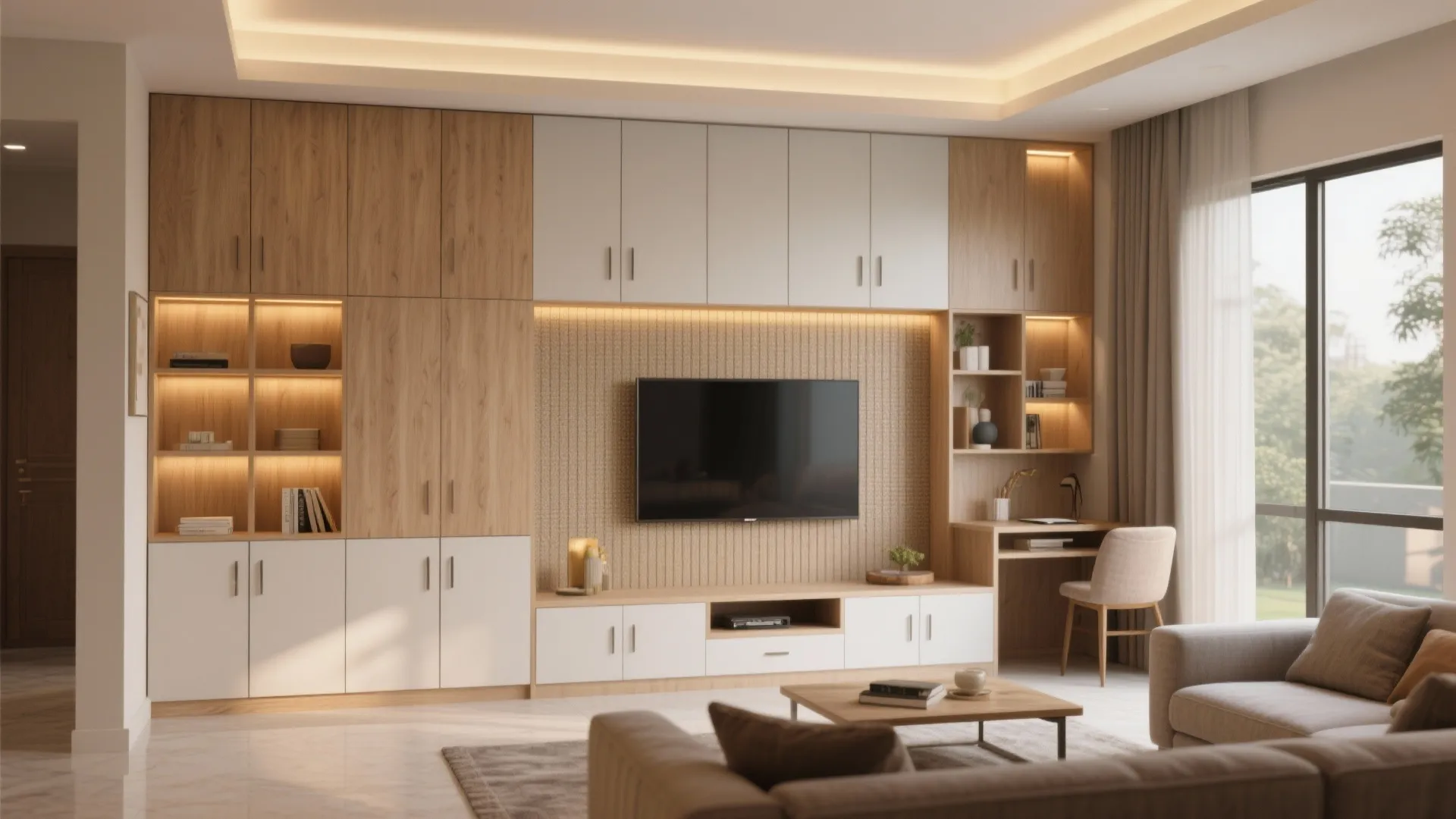 Built-in storage wall that doubles as decor