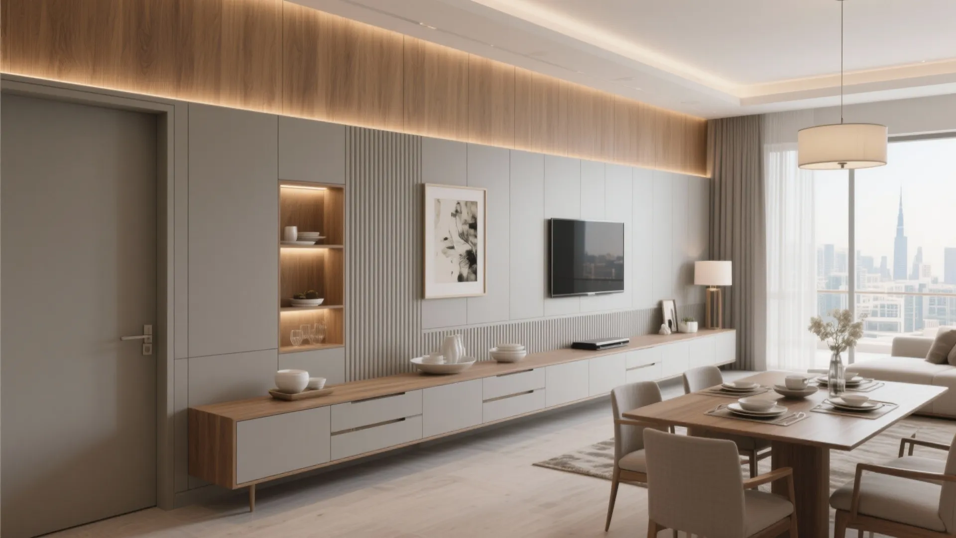 One Calm Storage Wall for Living + Dining