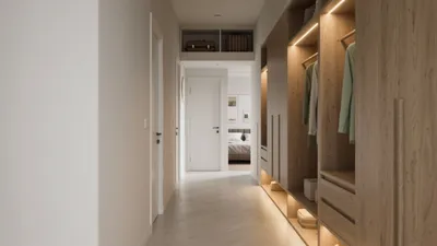 Modern Bedroom Hallway with Built-In Closet Storage