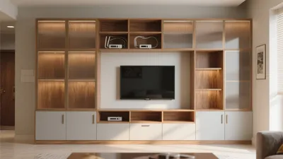 Modern Living Room Entertainment Unit with Wood & Glass Accents