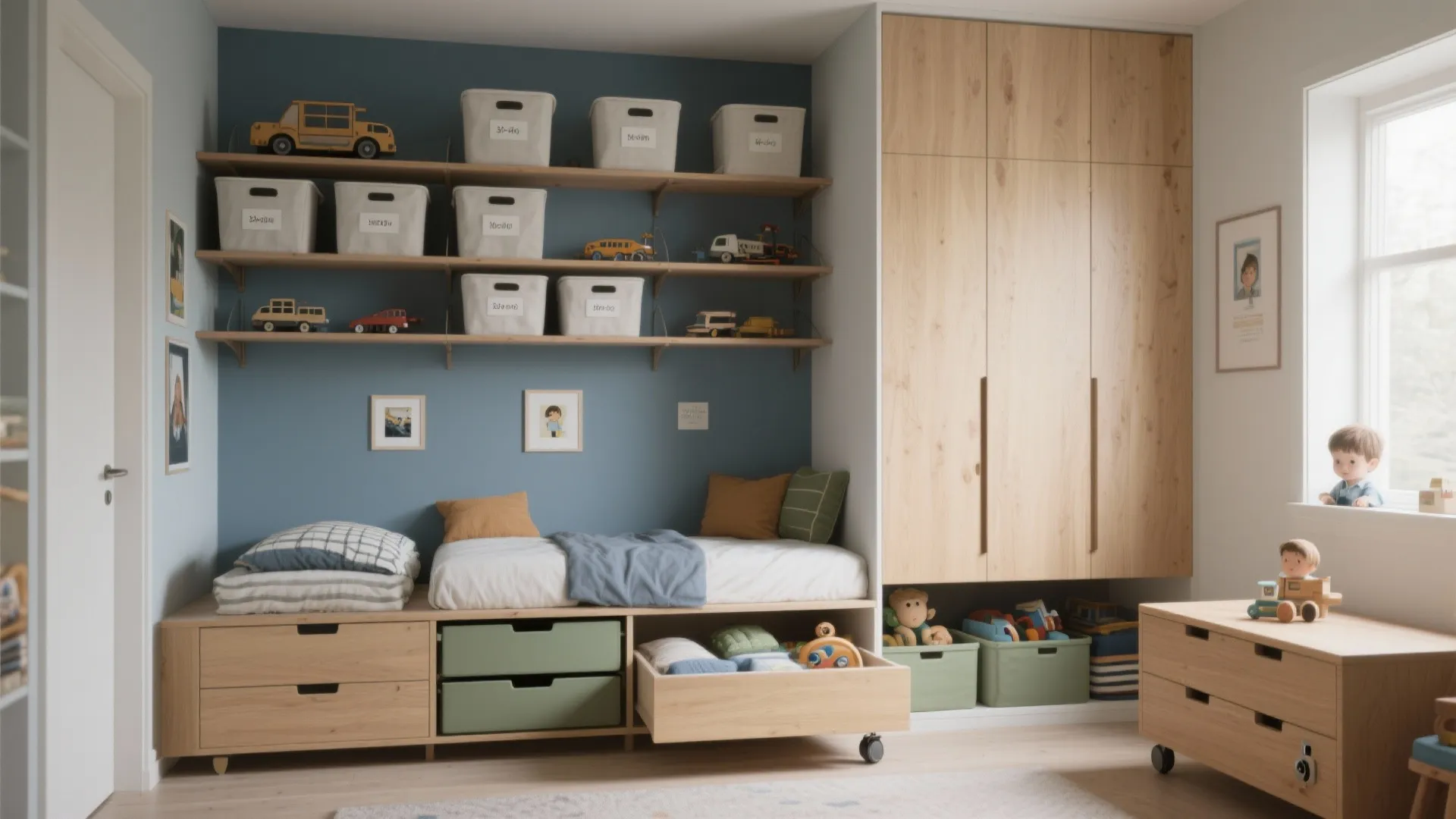 2) Storage wall + under-bed drawers: declutter without the clutter