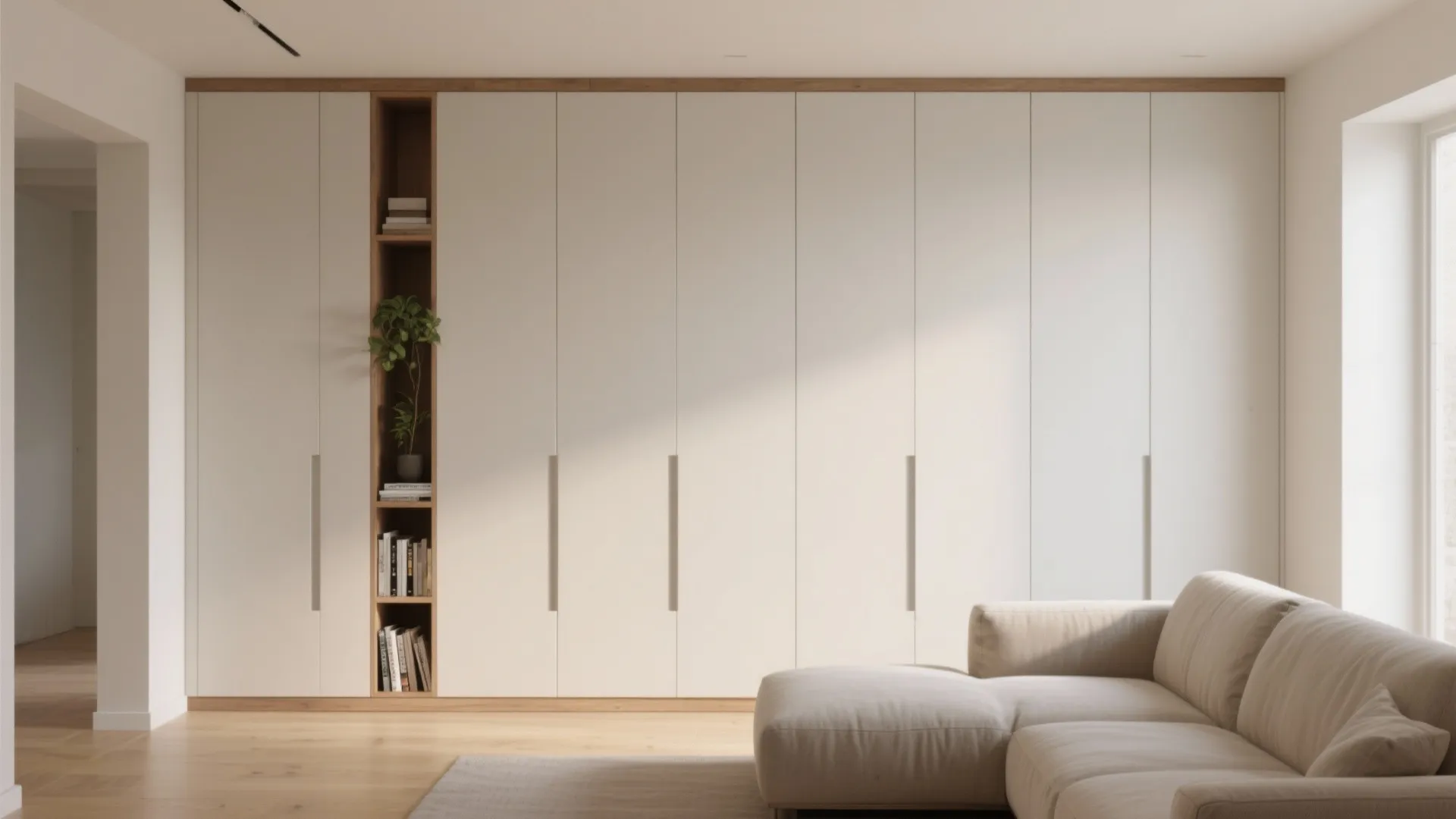 Large white floor to ceiling storage cabinet with wood shelves and a beige fabric sofa