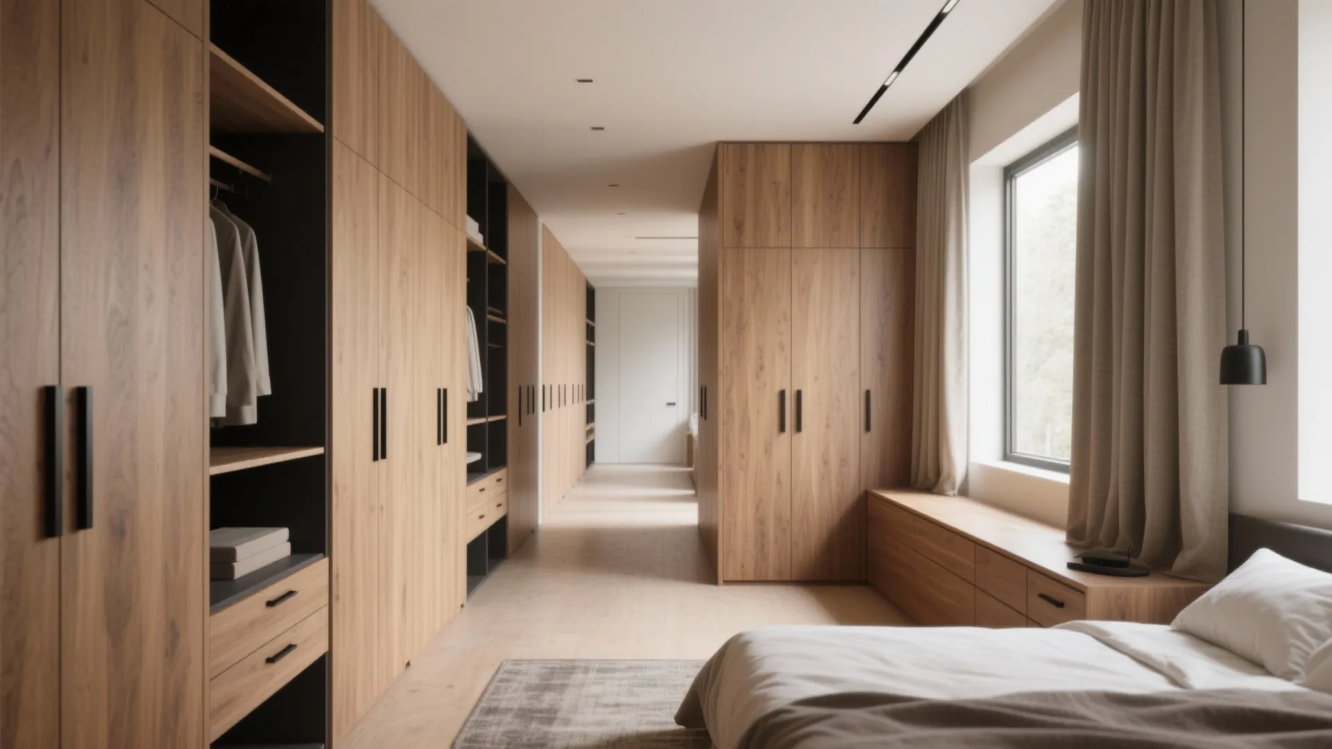 Walk in closet with wooden cabinets long hallway window and a small bed in the corner