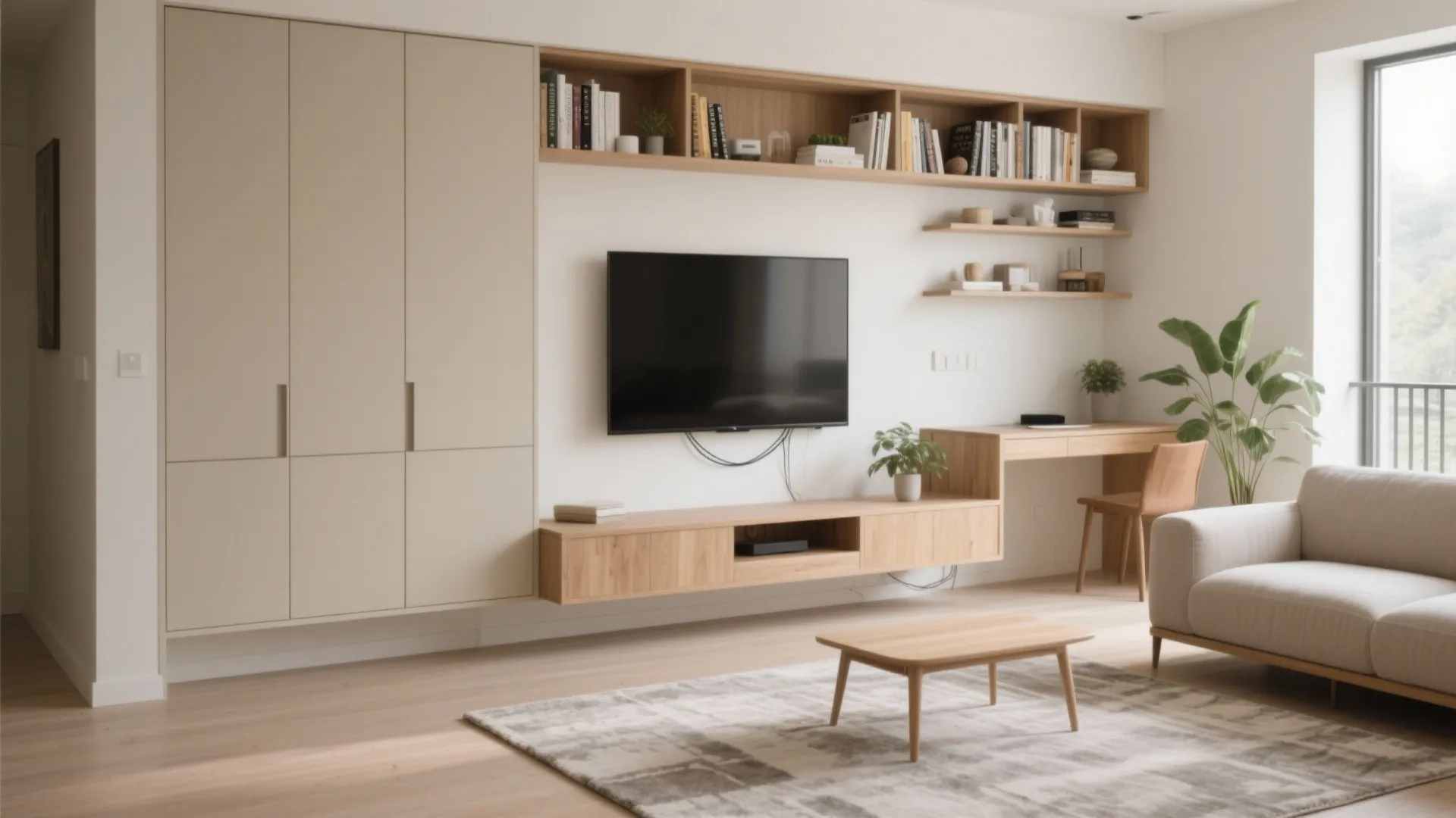 Minimalist storage wall in the living room