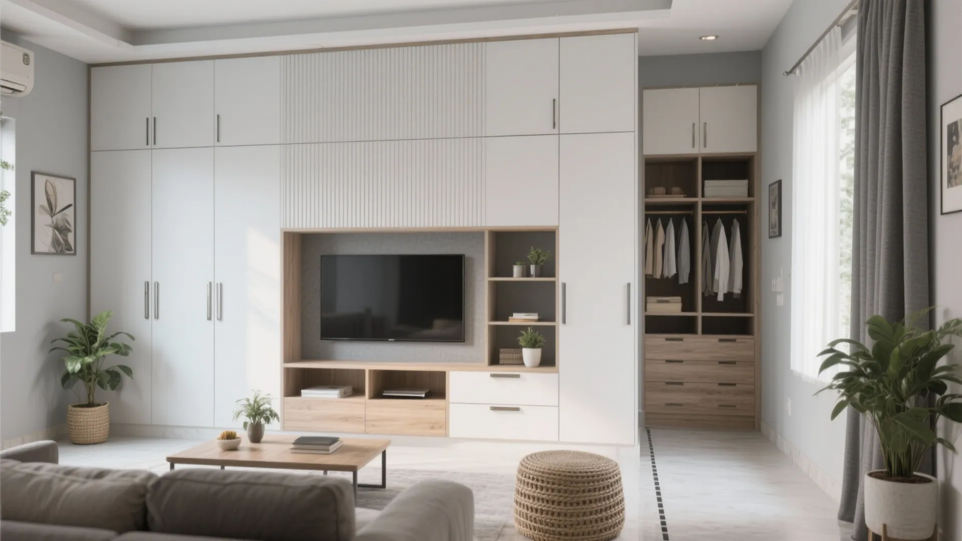 5) Storage walls and a calm, minimal palette