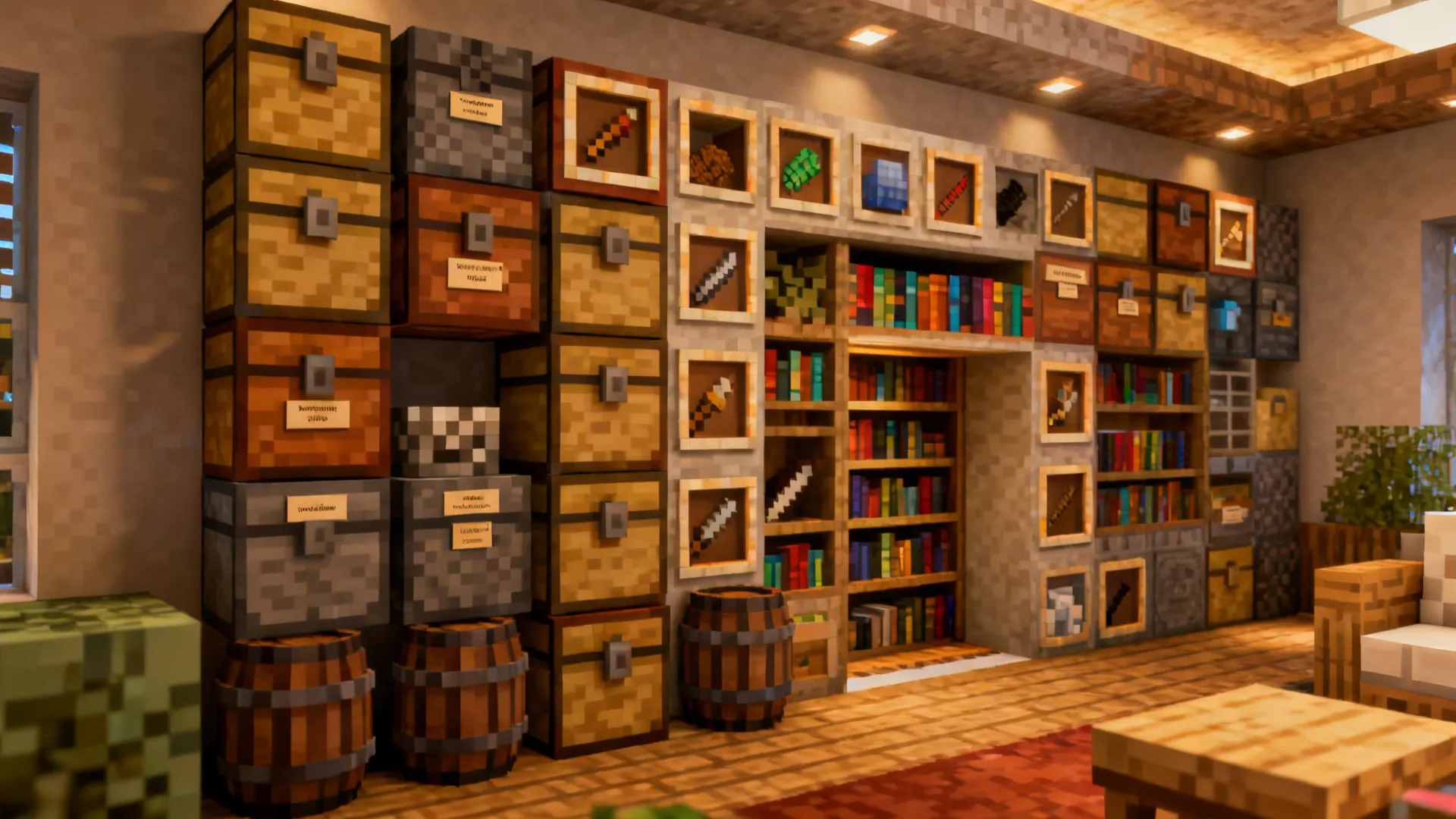 Decorative storage wall with chests, barrels, and bookshelves in a Minecraft living room.