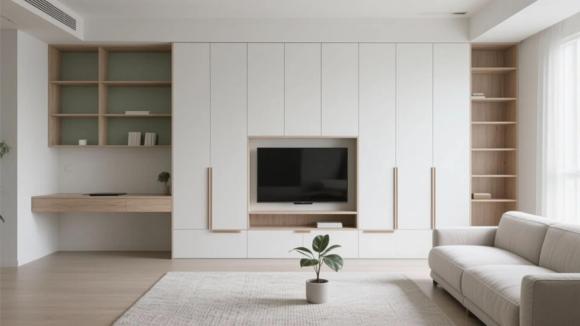 Modern living room with white wall cabinets integrated television wooden desk sofa and small green plant