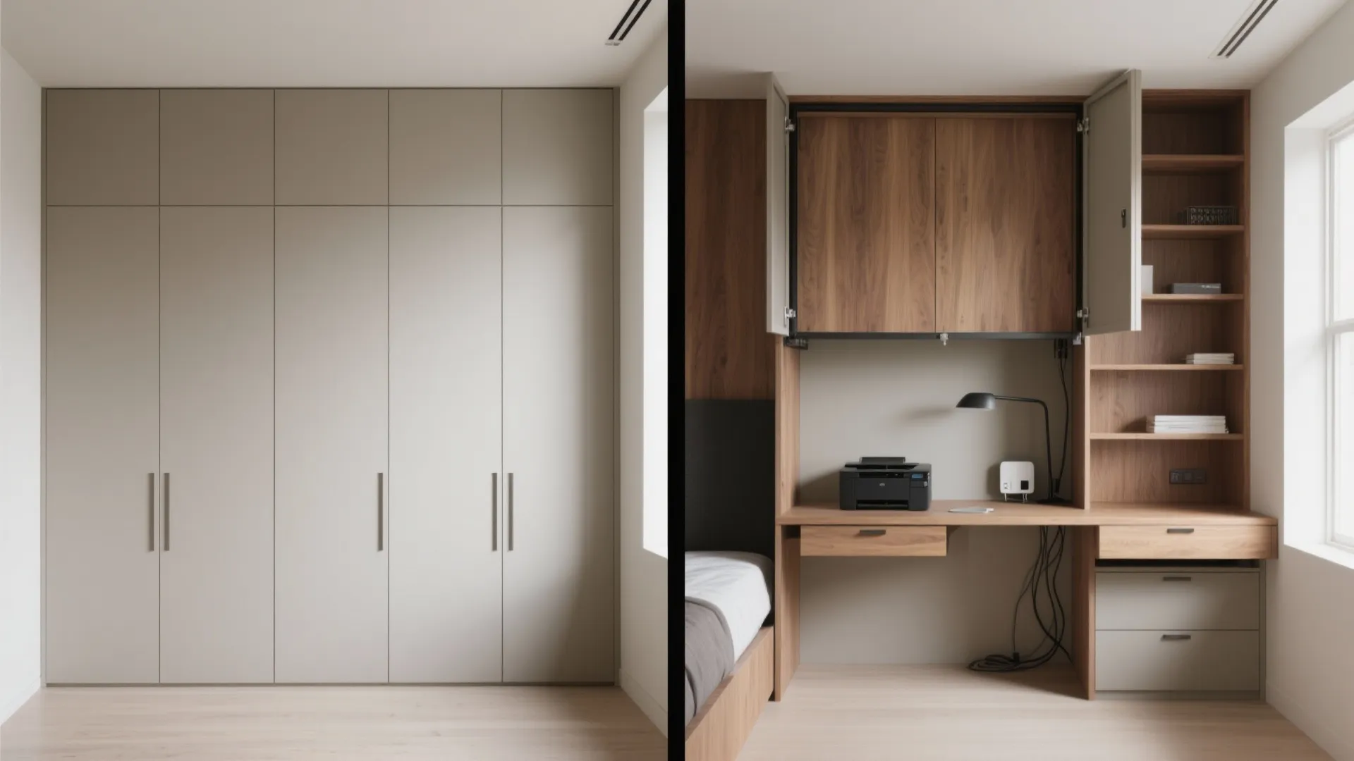 Before and after comparison of a closed grey cabinet and an open wooden desk workspace design