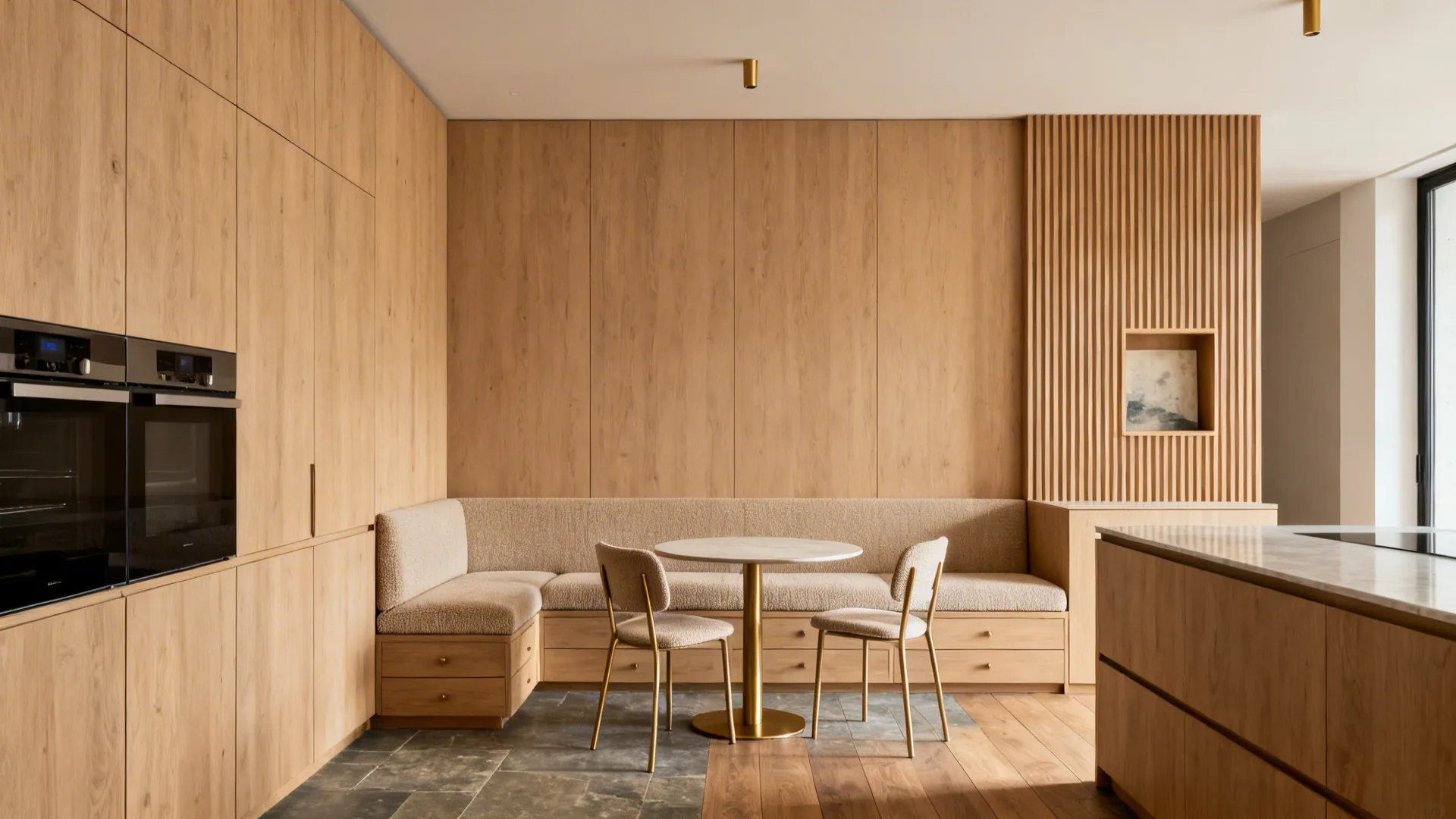 Modern dining area with wooden wall cabinets built in sofa and small round marble top table