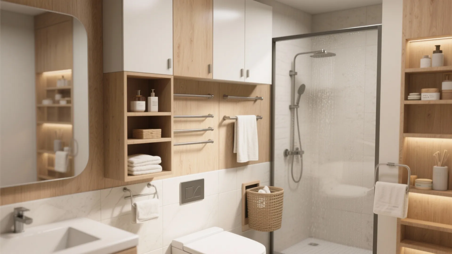 Modern bathroom with wooden cabinets white wall tiles glass shower door and hanging white bath towels