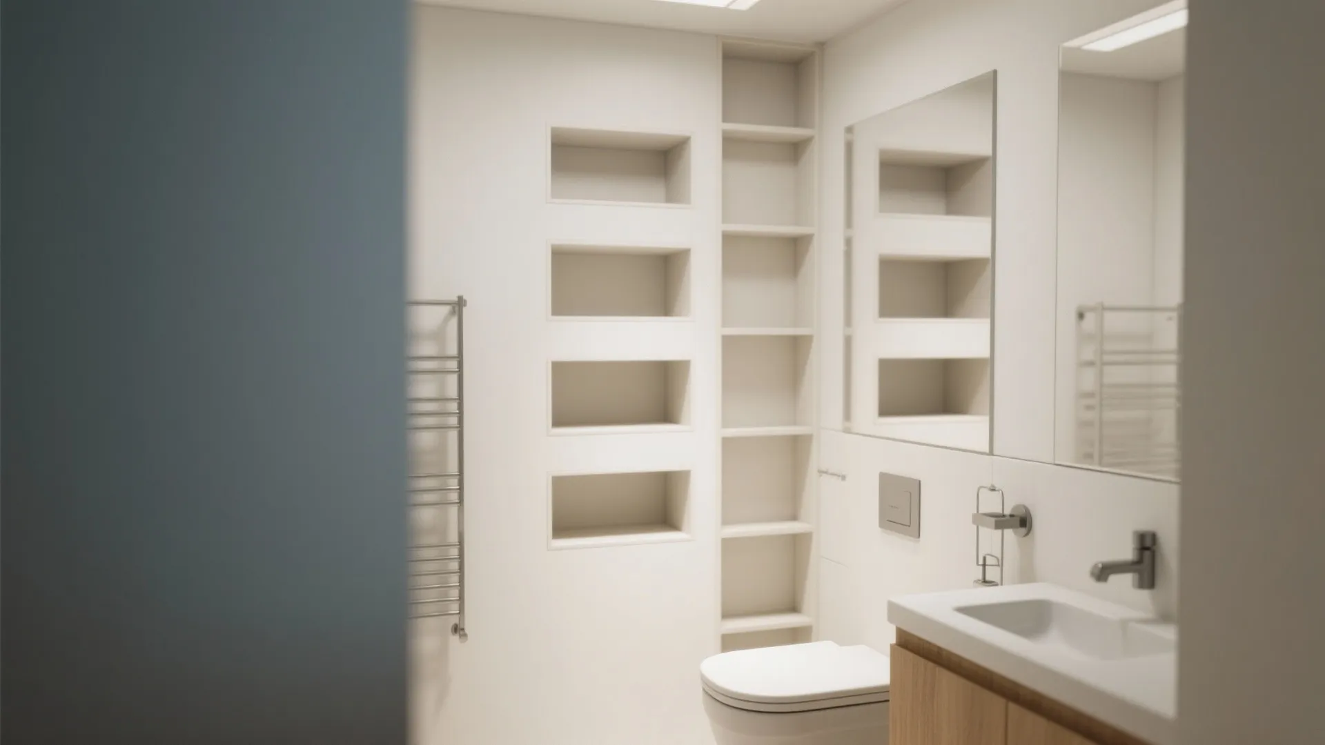 Modern white bathroom with built in wall shelves toilet wooden cabinet sink and large wall mirror