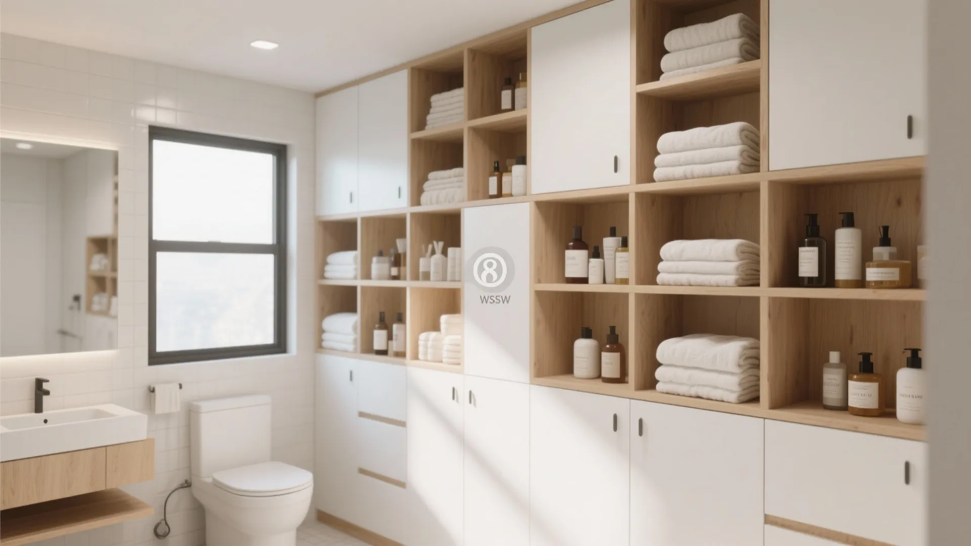 Bathroom with a full storage wall of shelves and cabinets