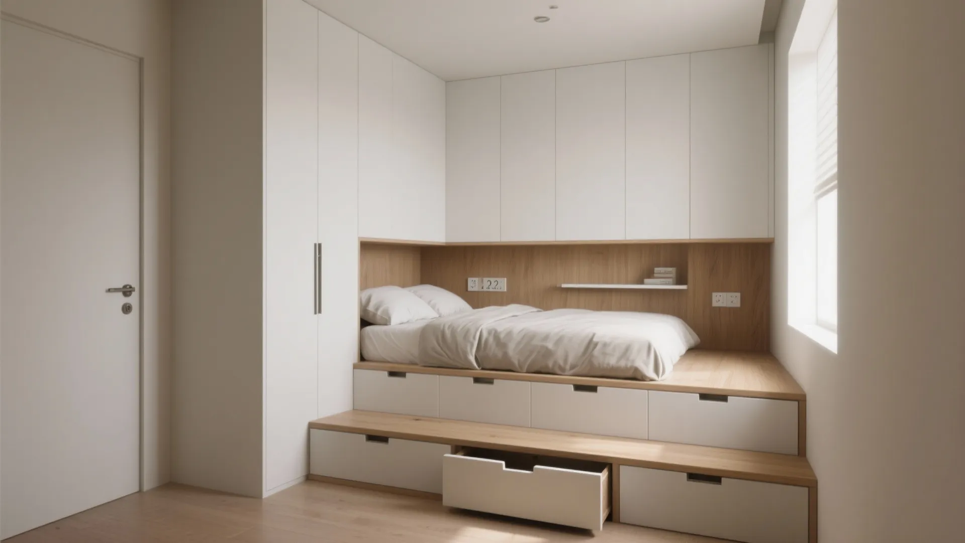 Built-In Storage Wall with a Raised Platform Bed