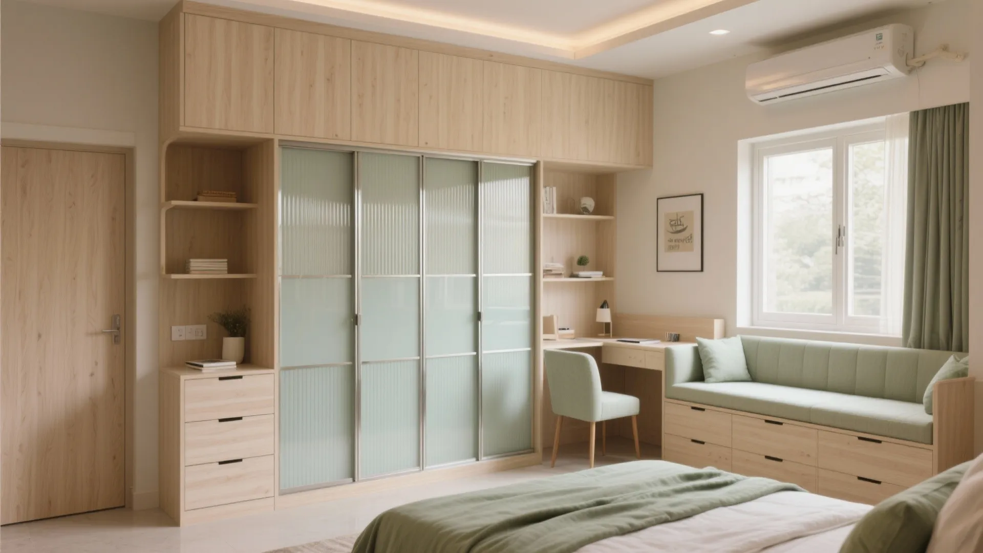 Storage walls and window seats that look built-in