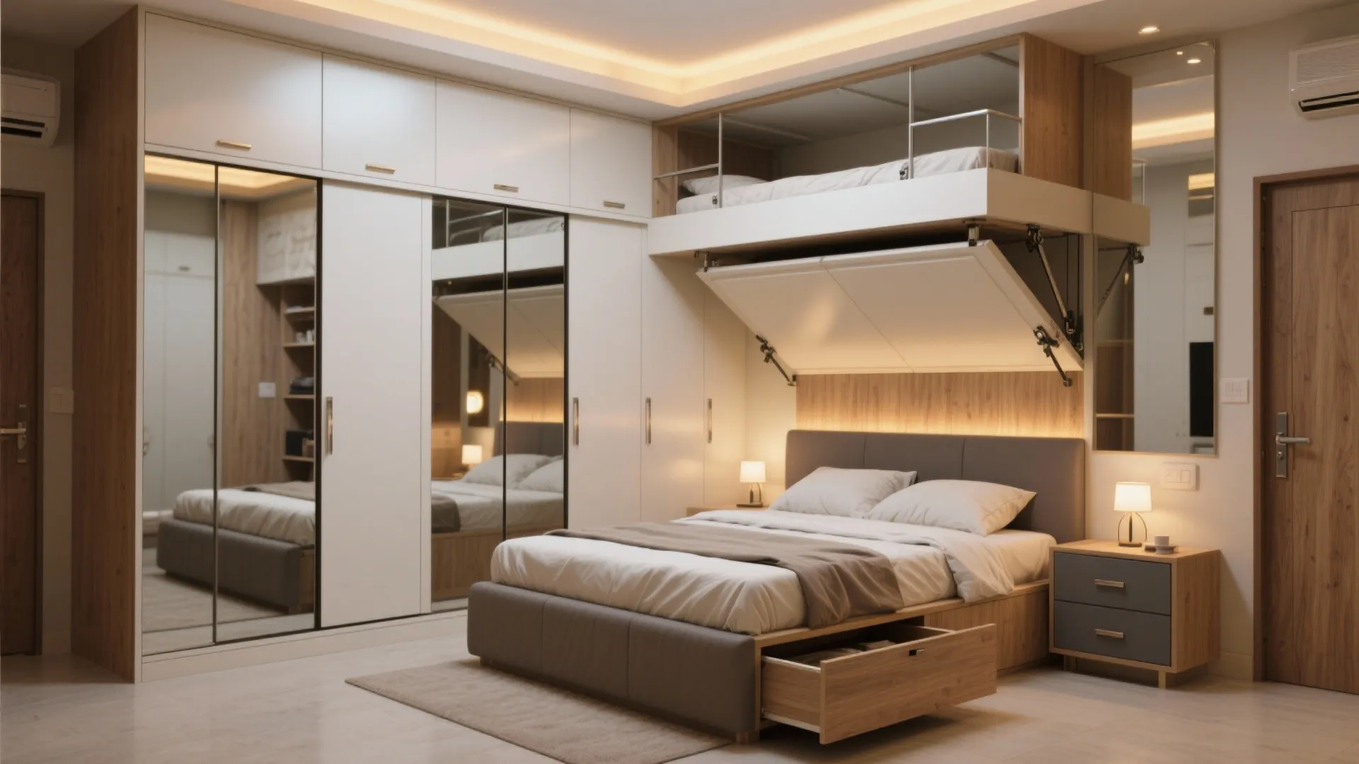 3) Built-in storage wall and a lift-up bed