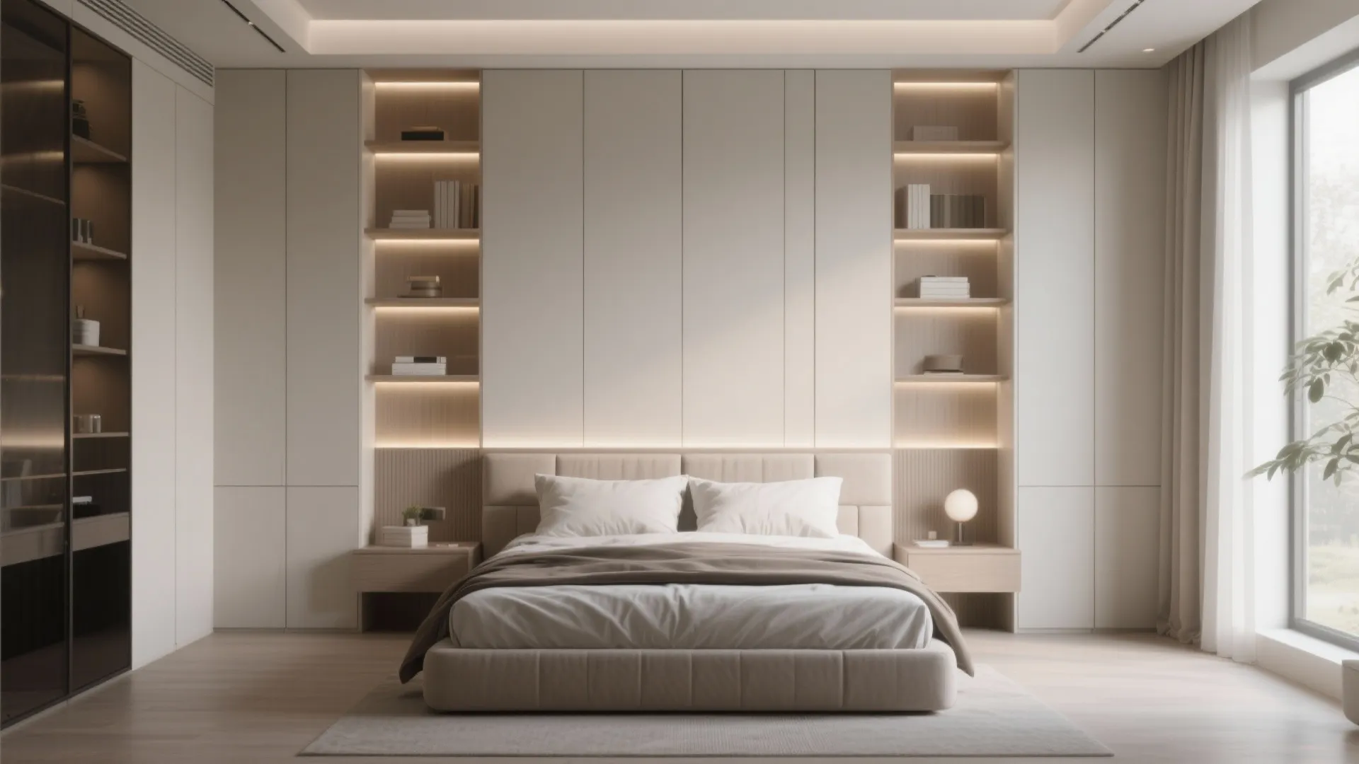 Bedroom with full-height storage wall behind bed and hidden lighting