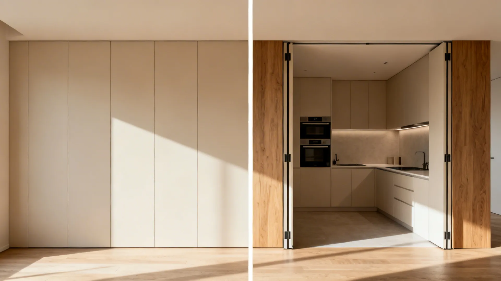 Before and after comparison showing a closed beige wall panel and a hidden kitchen area