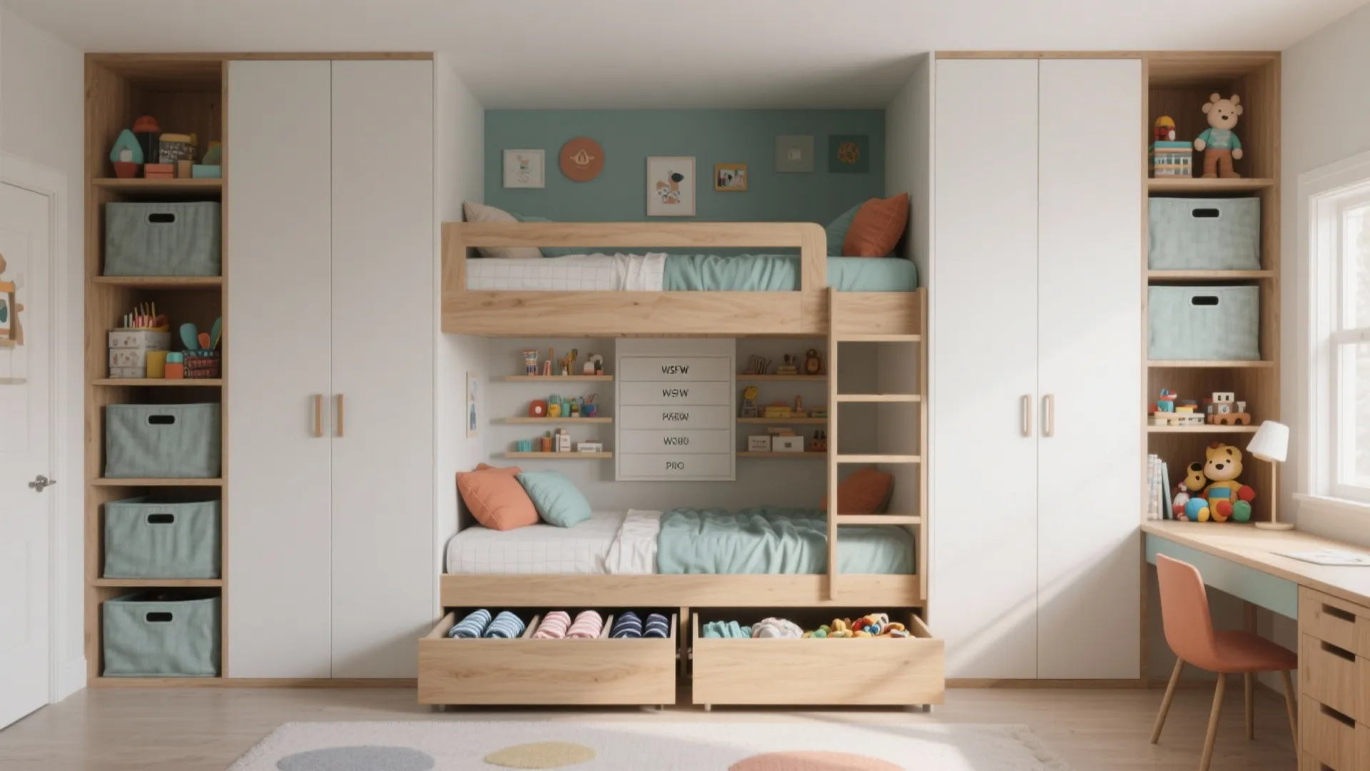 Modern kids bedroom with wooden bunk beds white cabinets wall storage shelves and a desk