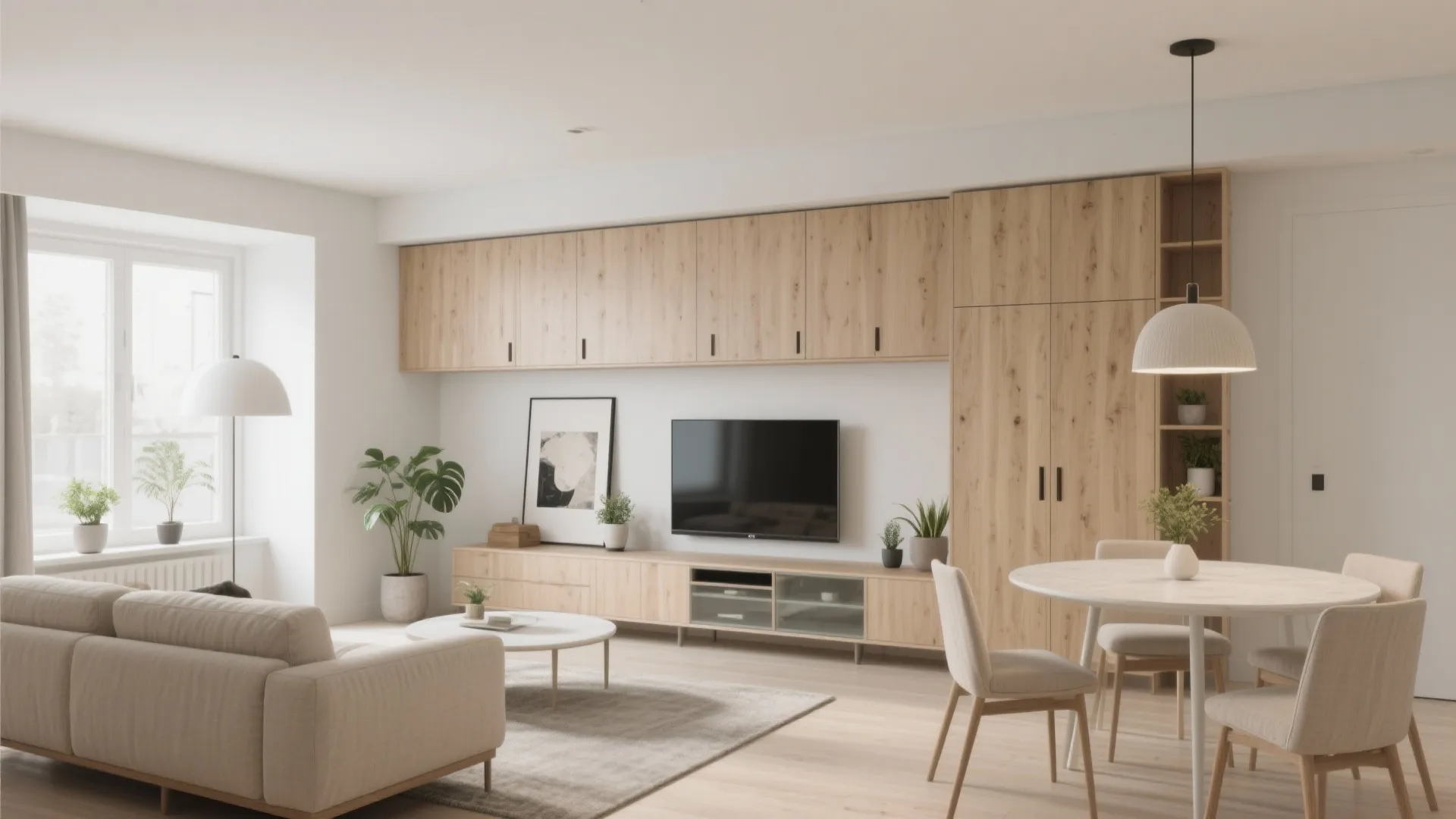 Minimalist storage wall that unifies living and dining