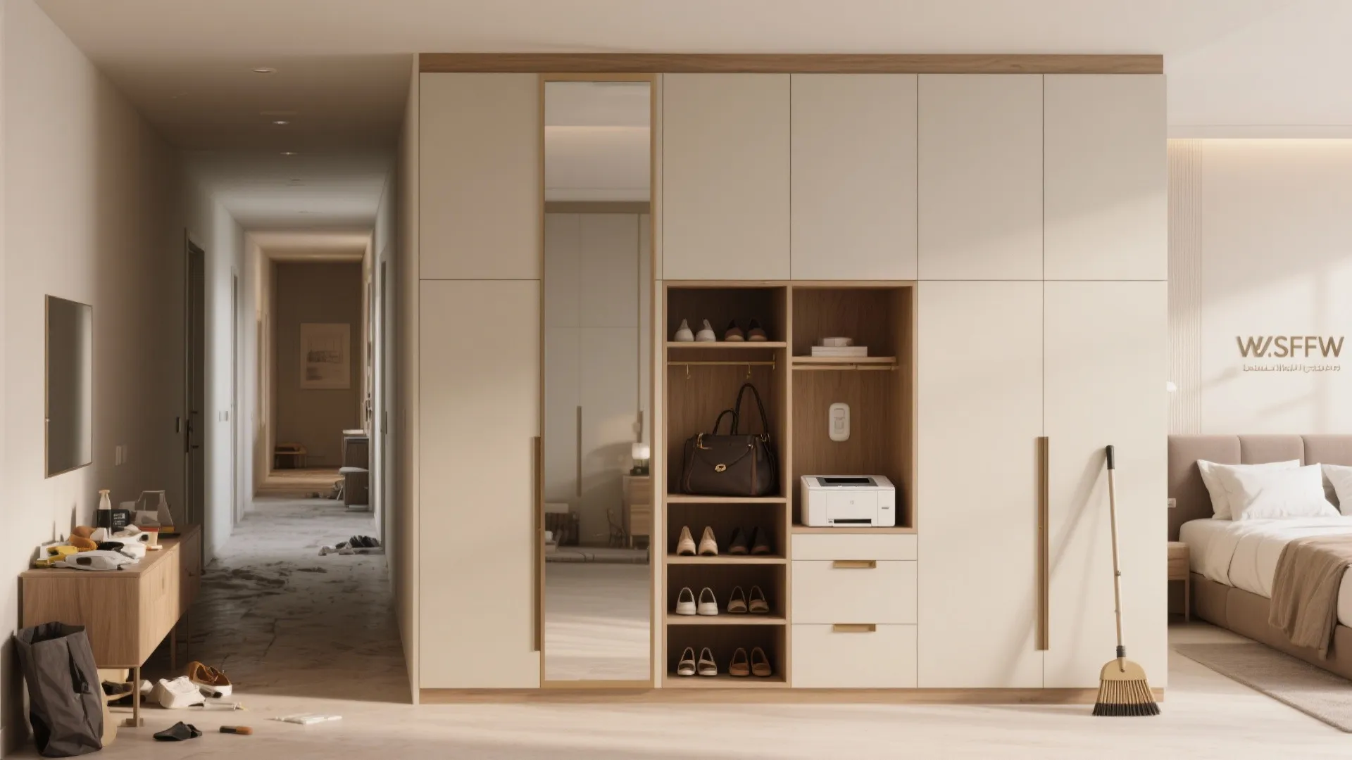 Built-in storage walls and flexible furniture