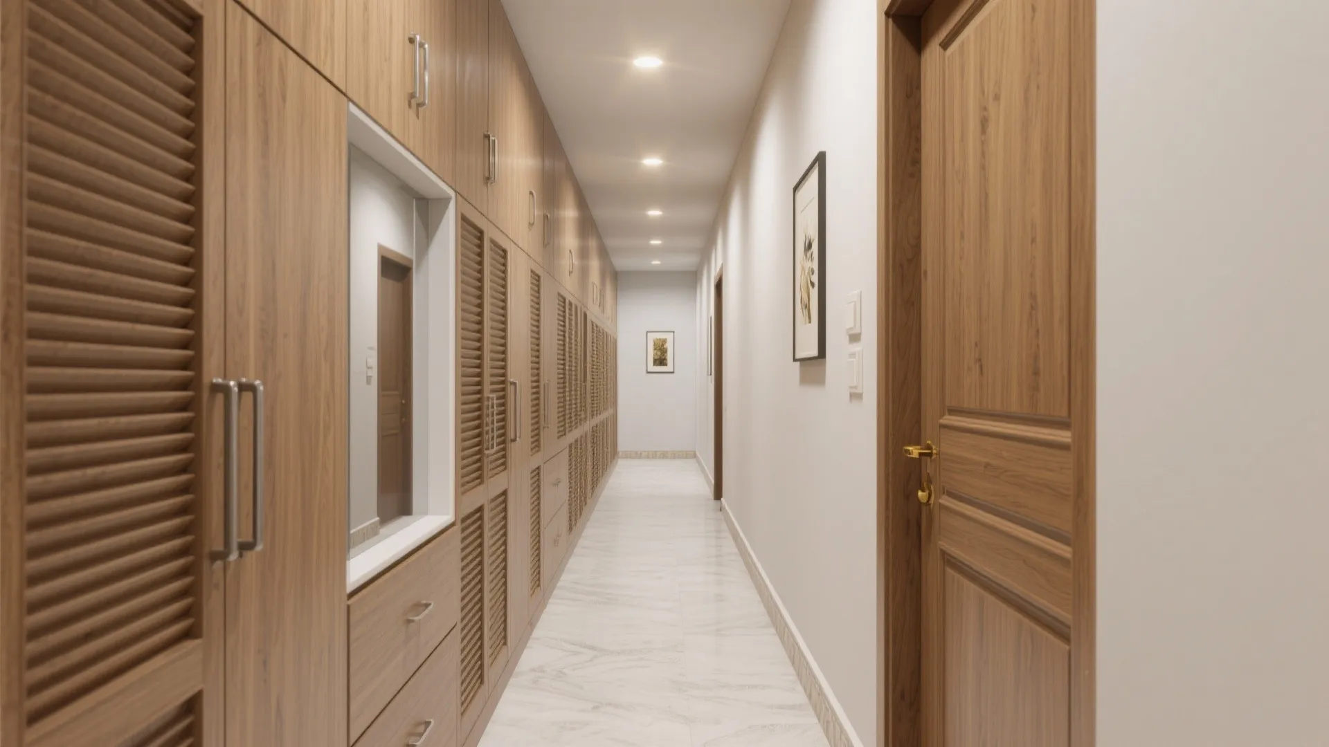 Storage walls, mirrors, and warm materials