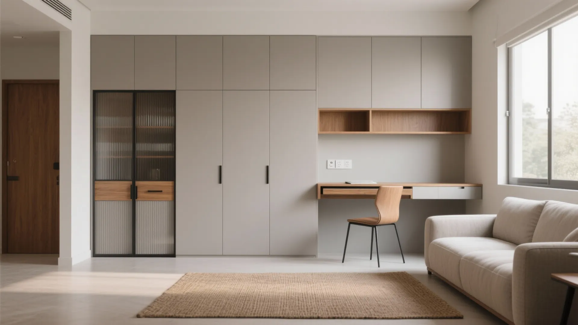 Minimalist storage wall with a hide‑away desk