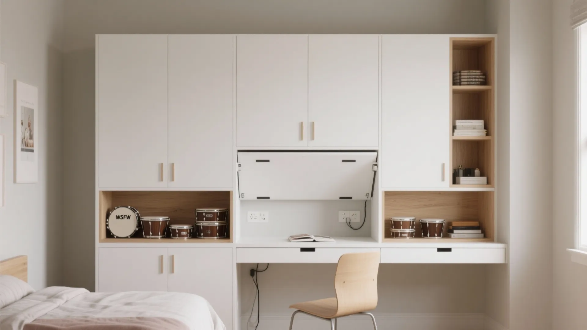 Minimalist Storage Wall with Hidden Desk