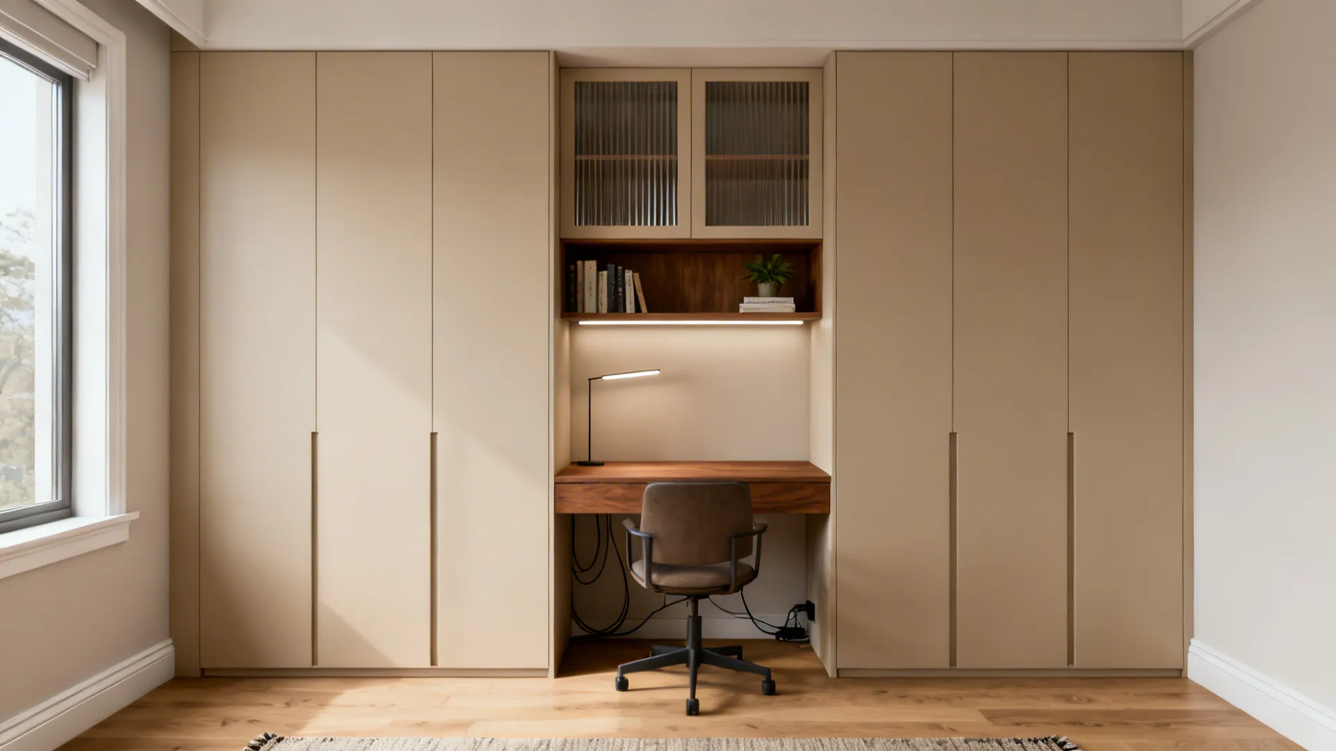 Minimalist Storage Wall with Integrated Desk