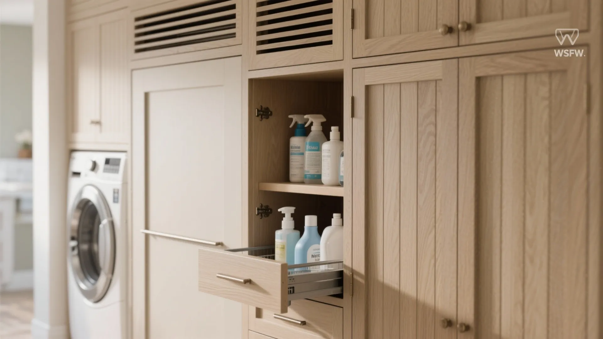 Light wooden laundry room cabinet showing organized cleaning bottles inside open shelves and pullout drawer