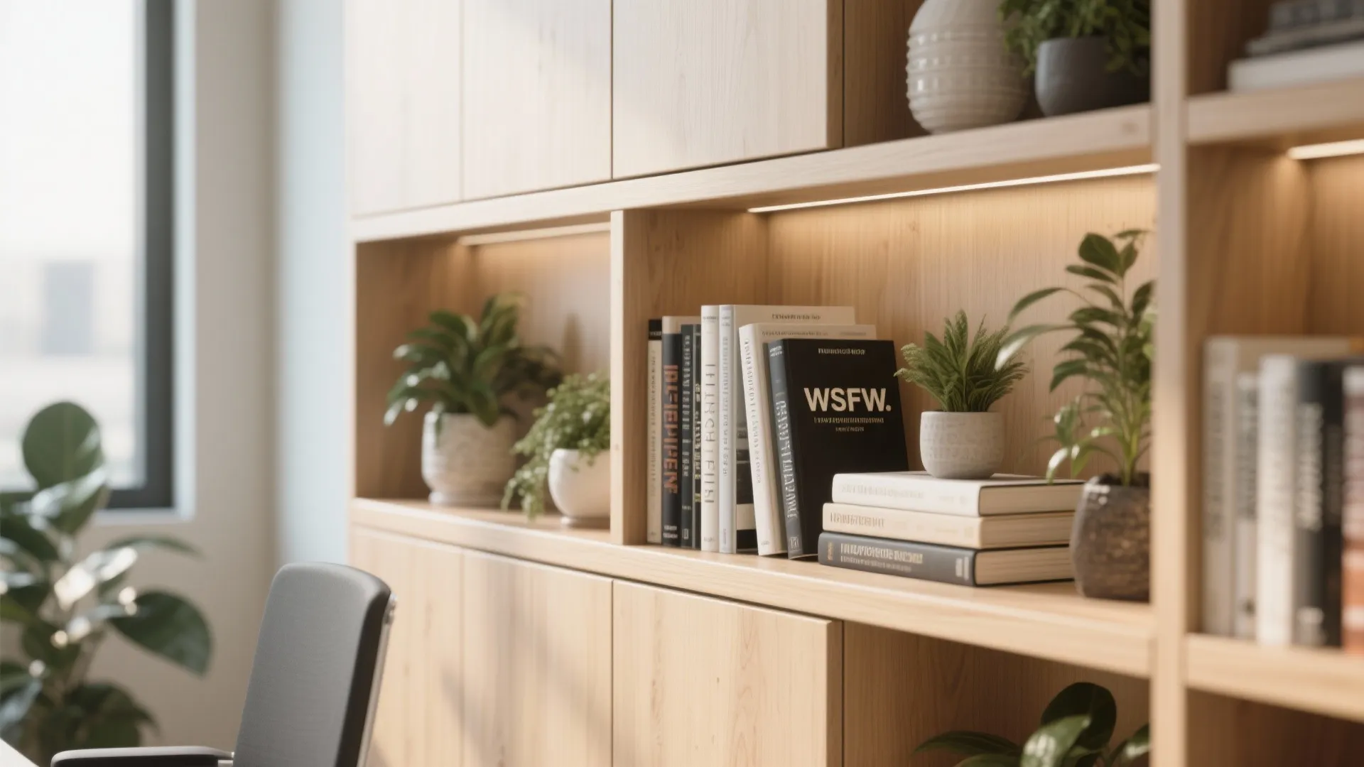 Macro shot of modern built-in office shelving