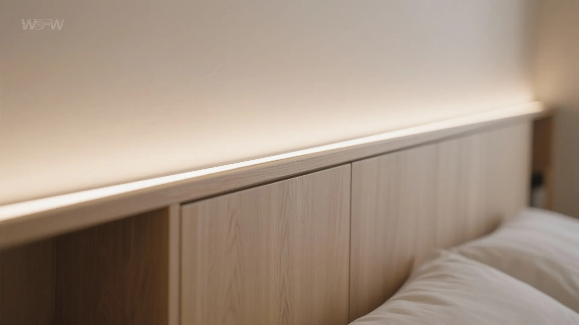 Minimalist storage wall behind the headboard