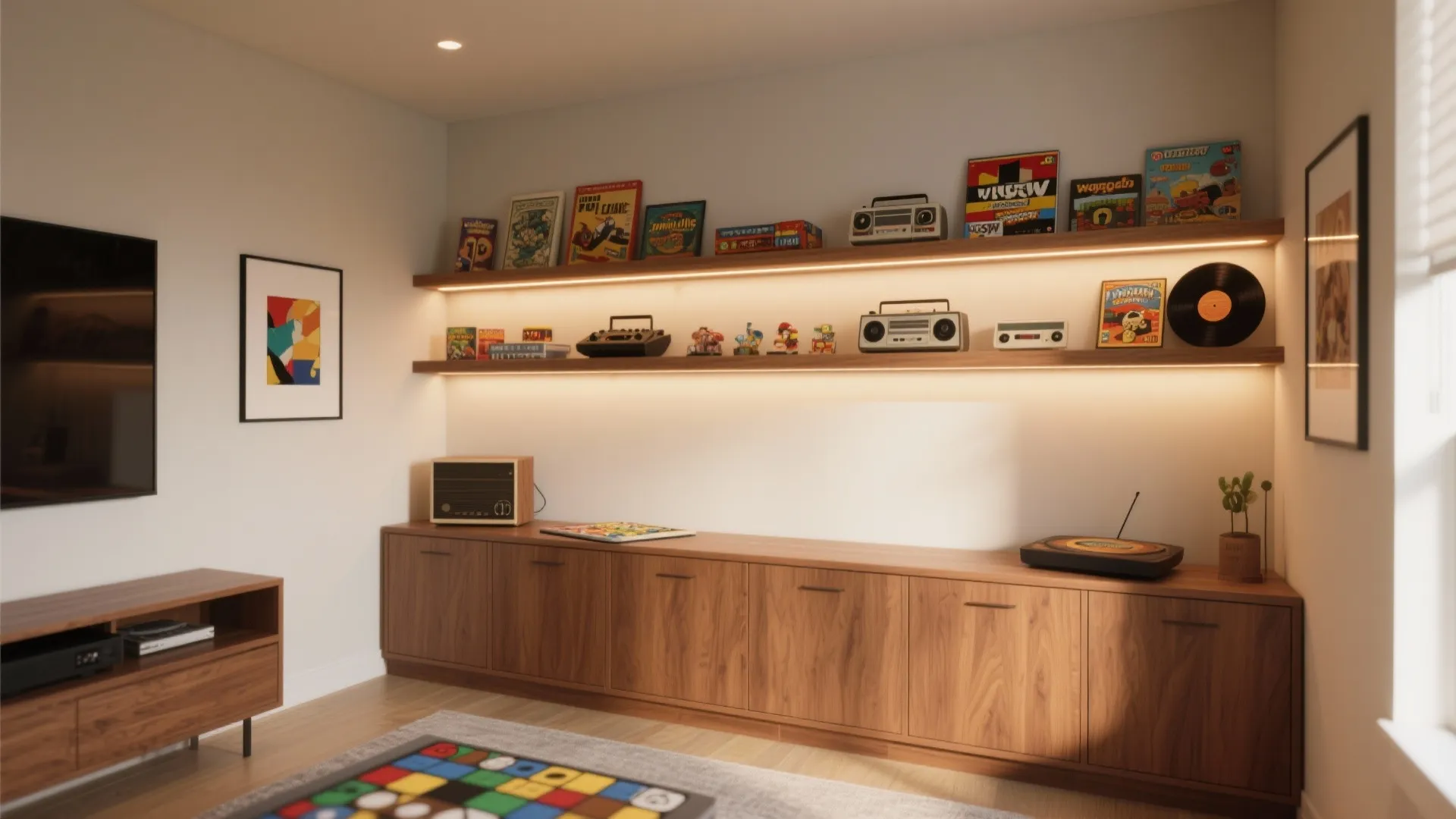 Wooden wall cabinet with open shelves and light fixture and vinyl records and vintage music players