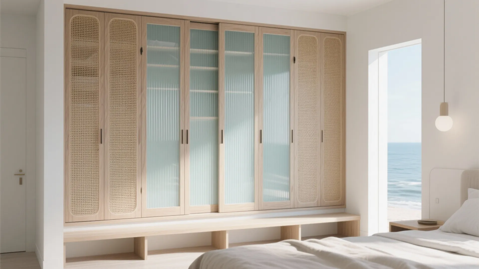 3) Floor-to-ceiling storage walls with airy, minimalist detailing