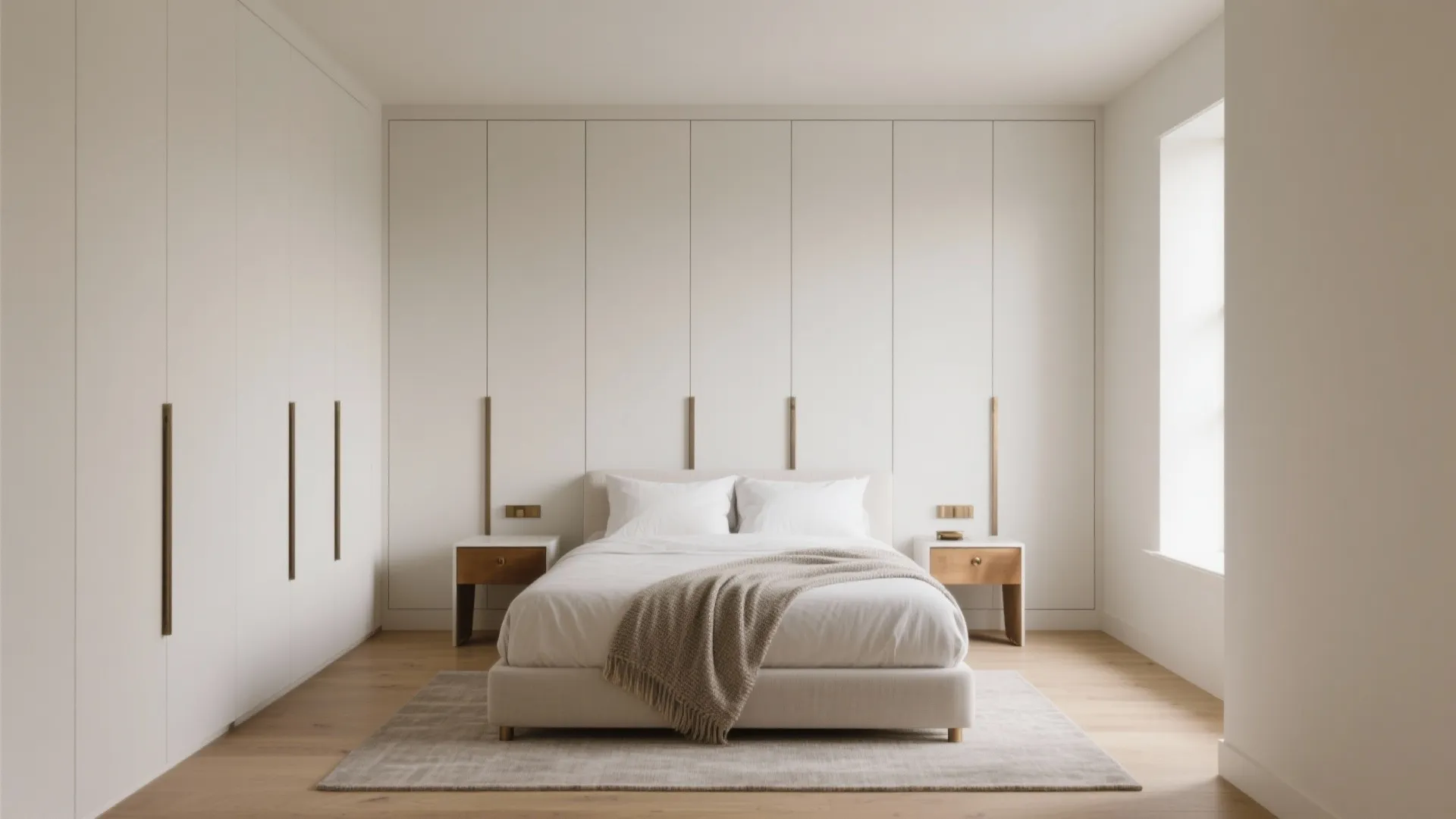 Minimalist storage wall with a calm, hotel-level palette