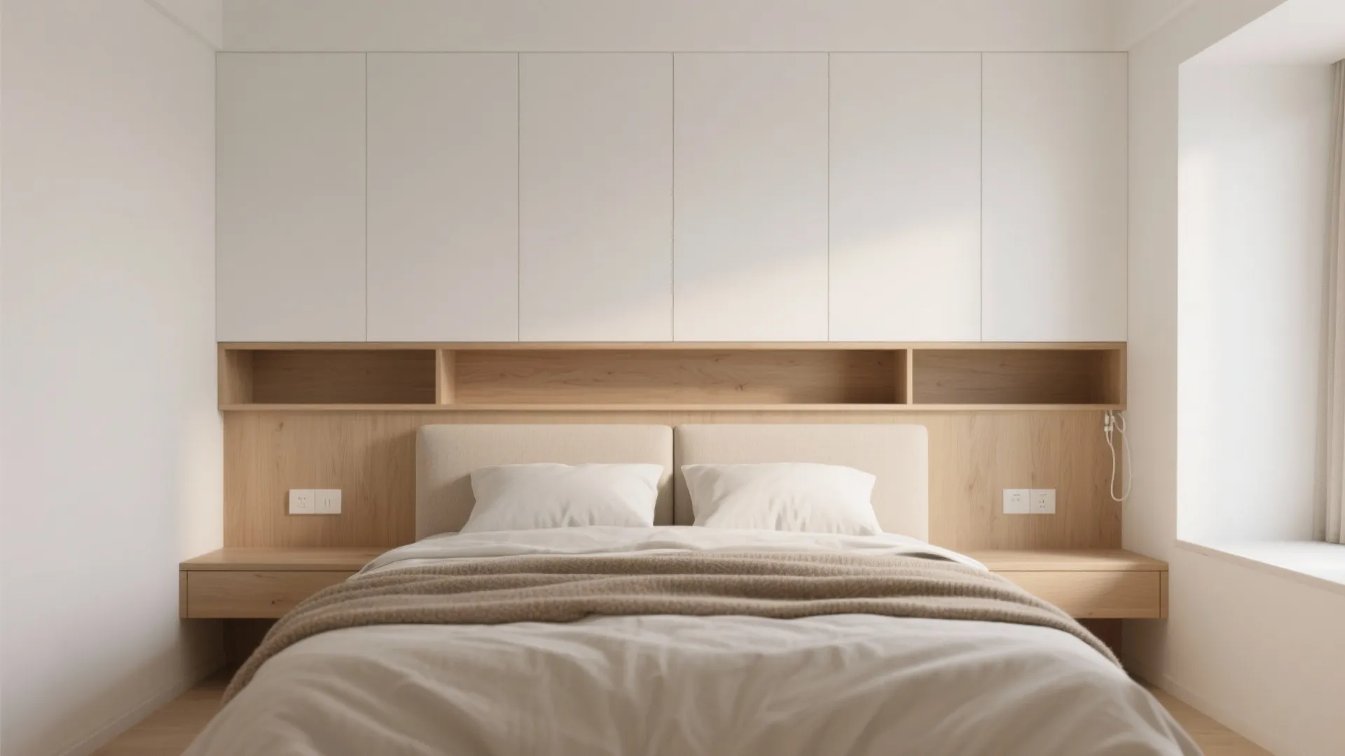 Minimal storage wall with integrated headboard