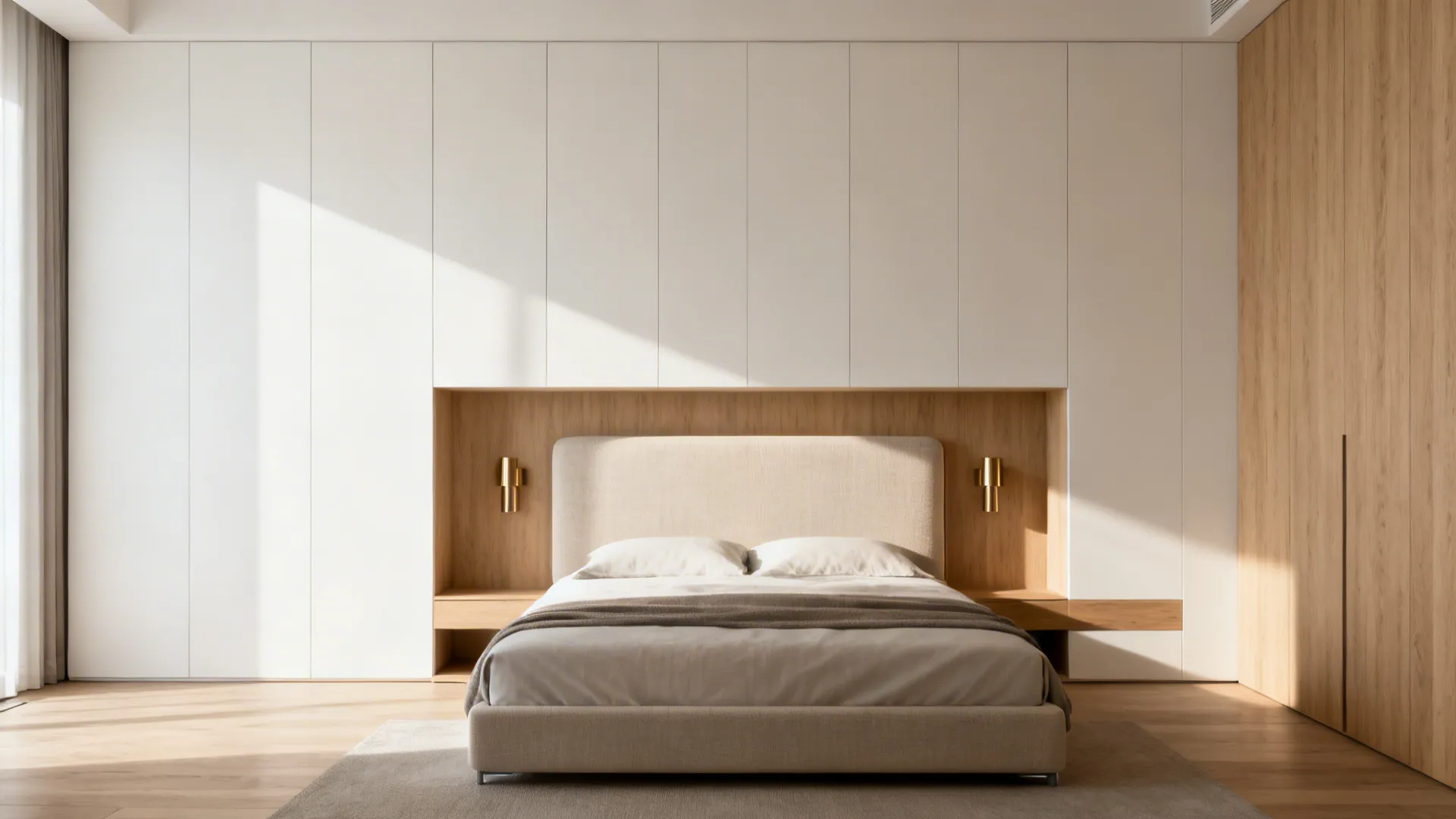 Bedroom with bed set into white wall cabinets featuring wood niche and gold wall lights