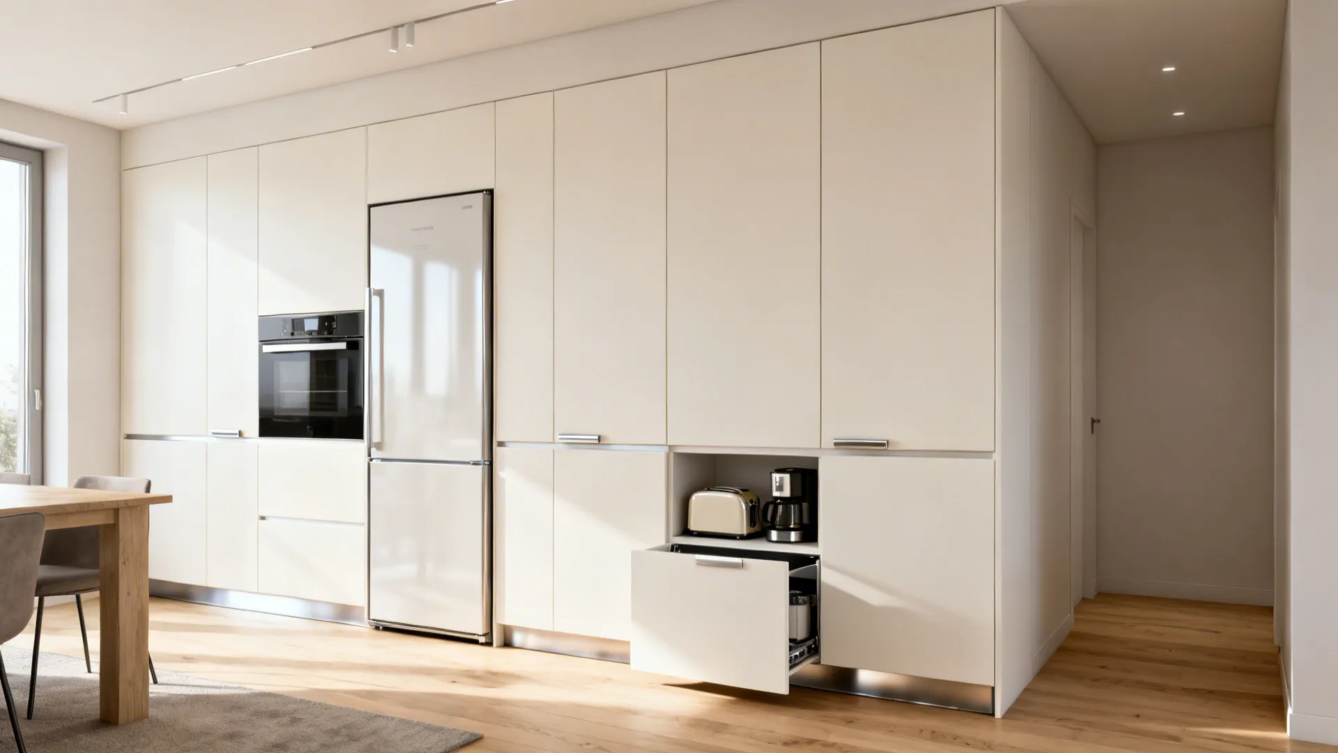 Full-height minimalist storage wall with integrated appliances and pocket-door appliance garage in a bright open plan kitchen.