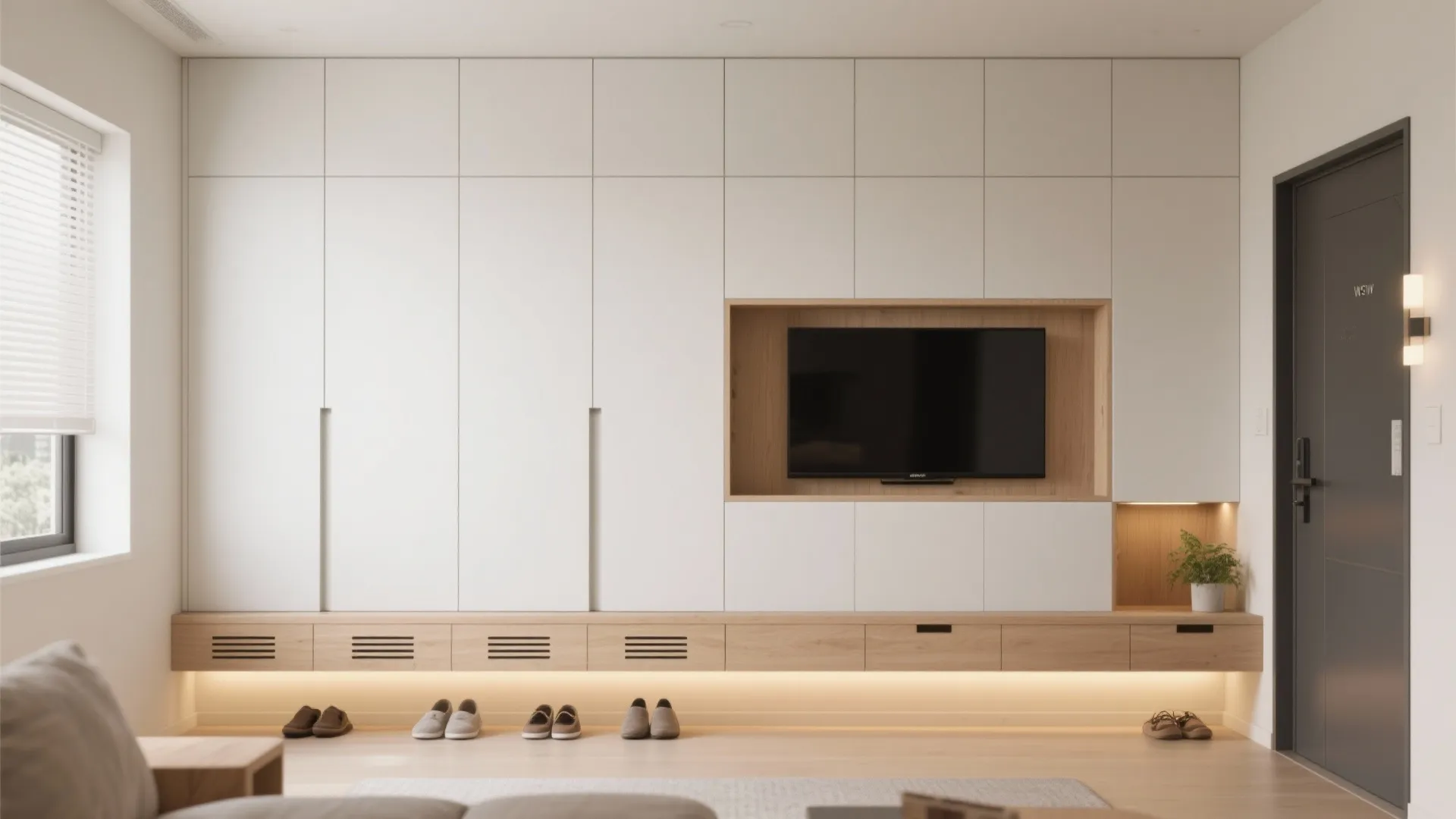 Minimalist storage wall with sliding panels